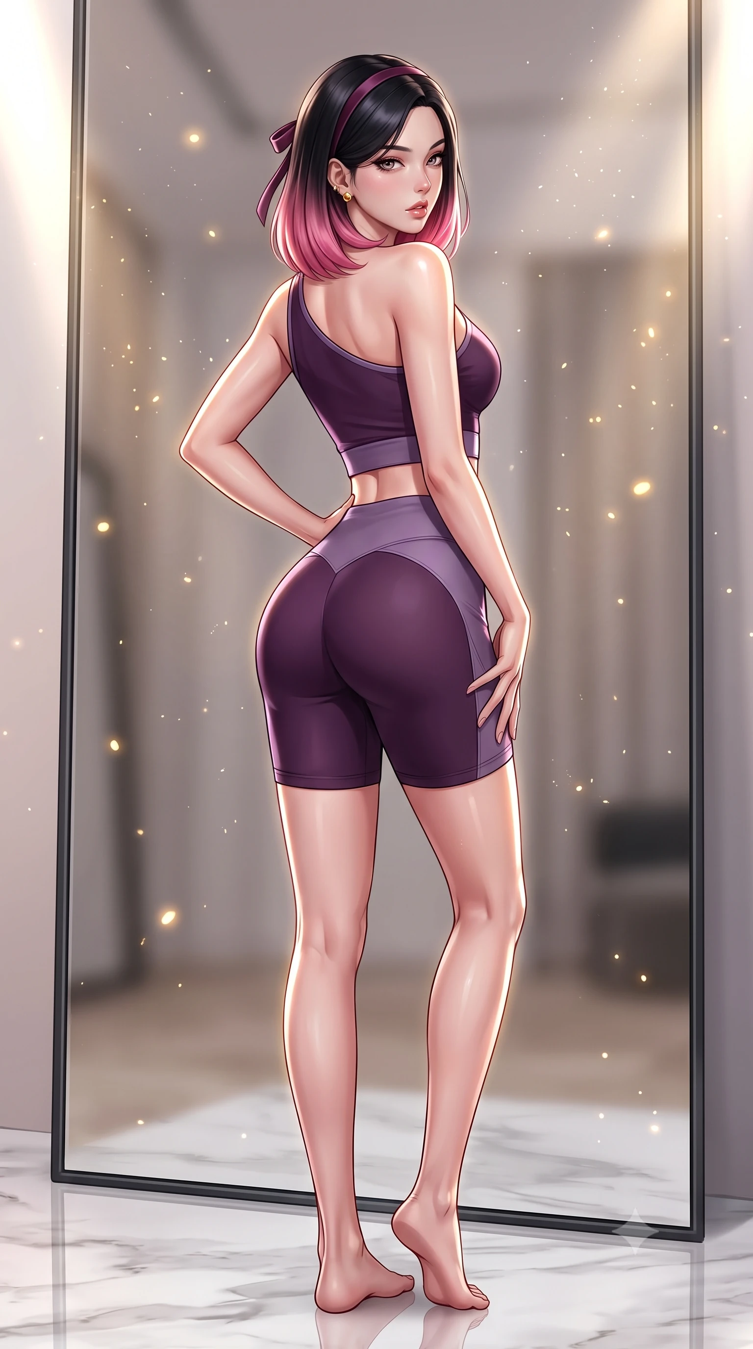 score_9, masterpiece, best quality, ultra-detailed, high-budget anime keyframe, semi-realistic 3D game render, editorial fashion photography, tasteful artistic composition, Korean woman. close-up cowboy shot from the waist and thighs up, the character dominates the composition, filling the frame with her large presence. posing in an alluring rear three-quarter angle, arching her lower back in a pronounced S-curve with one hand on her hip, glancing seductively over her bare shoulder with parted glossy lips while standing with her back to the floor-to-ceiling mirror, looking over her bare shoulder with hips cocked dramatically in an alluring high-fashion stance. The composition keeps background elements in soft focus with creamy bokeh. floating micro-chalk particles and spotlight beams scattering luminous golden light motes. She has an exceptionally elegant, slender, and willowy female figure with an ultra-slim waist, a gracefully sculpted slender torso, toned flat midriff, and rounded feminine hips creating an alluring hourglass silhouette. sharp v-shaped jawline, high-bridge nose, intricate jewel-like eyes with depth, thick eyelashes, glossy parted lips with a natural sheen, intensely captivating and seductive bedroom-eyes expression, flawlessly proportioned anatomical accuracy, strict slender model proportions, natural body alignment, perfectly sculpted long slender limbs, ultra-slim waistline, clean dynamic posture without body distortion. wearing a sporty asymmetrical crop tank paired with seamless contouring biker shorts in deep plum violet and dusky lavender, crafted from compression spandex sculpting her athletic hourglass lines, complemented by a delicate velvet hair ribbon and gold stud earrings, the liquid-tight tailored fabric clinging flawlessly to her narrow waist and rounded feminine hips, emphasizing every millimeter of her sculpted hourglass curves during movement. illuminated by crisp specular rim lights accentuating her narrow waist, curved hips, and long legs. highly saturated vibrant anime colors, detailed shading with soft gradients, rich glossy textures, high-contrast stereoscopic depth, volumetric dynamic lighting, master piece, 9:16 ratio