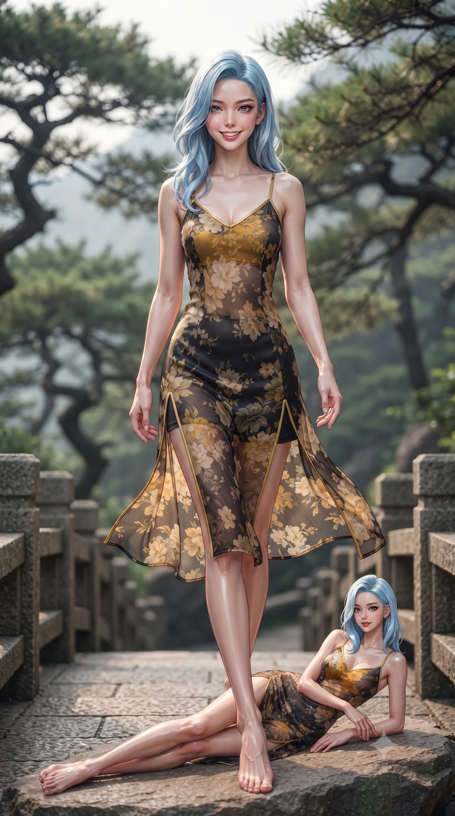 score_9, masterpiece, best quality, ultra-detailed, high-budget anime keyframe, editorial fashion photography, tasteful artistic composition, Korean woman. low angle full-body shot from head to toe showing her feet, filling the entire 9:16 vertical frame with her statuesque presence, stretching her vertical silhouette. stepping forward gracefully across the stone bridge in mid-motion with a radiant beaming smile, hips swaying in an alluring kinetic rhythm that accentuates her curvy hourglass silhouette and long slender legs while lounging gracefully on a flat summit rock propped on one elbow, her long slender legs and flat midriff radiant in warm sunrise rays. The background shows a soft-focus twisted ancient Huangshan pine canopies softened in legendary ink-painting shallow focus. She has an absolutely perfect, statuesque 8.5-heads proportion, an exceptionally tall and slender model-like female figure with impossibly long slender legs, an ultra-slim waist, a flat toned midriff, narrow delicate ribcage, and beautifully sculpted feminine hips creating a graceful, slim hourglass silhouette without any bulky heaviness. sharp v-shaped jawline, high-bridge nose, intricate jewel-like dark sparkling almond eyes with depth, thick lashes, glossy parted lips with a natural rose-plum sheen, bright alluring and coquettish smile with bedroom-eyes, exuding both timeless oriental elegance and sovereign high-fashion allure, flawlessly proportioned anatomical accuracy, strict slender model proportions, natural body alignment, perfectly sculpted long slender limbs, ultra-slim waistline, clean dynamic posture without body distortion. wearing a delicate semi-sheer floral chiffon kaftan slip dress layered over a matching silk slip, accentuating her slender waist and hips in antique saffron gold and ebony black, tailored from fine crisp cotton-linen with clean structural lines, finished with sharp laser-cut side hip slits framed by gold piping, the form-fitting tailored bodice adhering flawlessly to her sculpted flat midriff and slender torso, emphasizing her long leg lines and perfectly proportioned willowy build. illuminated by white cloud bounce fill and sharp warm-gold rim lighting sculpting her razor-sharp jawline, narrow waist, and curvy hips. ultra-reflective glossy finish, specular highlights, rich textural contrasts, high-contrast stereoscopic depth, volumetric dynamic lighting, 2k, ultra detail, master piece, 9:16 ratio
