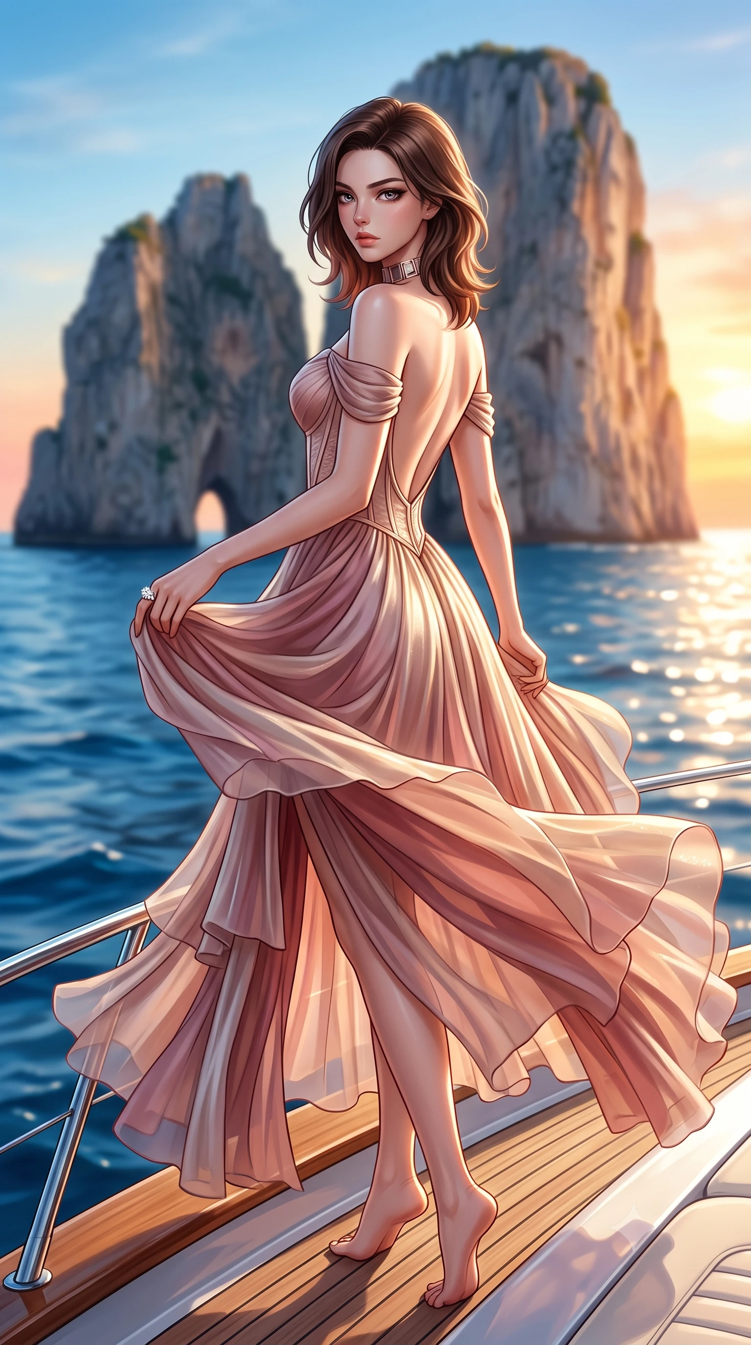 score_9, masterpiece, best quality, ultra-detailed, high-budget anime keyframe, semi-realistic 3D game render, editorial fashion photography, tasteful artistic composition, Korean woman. low angle full-body shot from head to toe showing her feet, filling the entire 9:16 vertical frame with her statuesque presence, stretching her vertical silhouette. executing an elegant mid-motion pivot turn as garments swirl around her slender limbs, glancing over her shoulder with an intoxicating bedroom-gaze while perching on the teak gunwale of a luxury Riva yacht anchored beside the iconic Faraglioni sea stacks, hips angled toward the azure Mediterranean. The composition keeps background elements in soft focus with creamy bokeh. towering Faraglioni sea stack limestone cliffs and crystalline cobalt waves blurred into radiant azure, gold, and coral bokeh. She has an exceptionally tall and slender model-like 8.5-heads proportion, an ultra-slim waist, a flat toned midriff, narrow delicate ribcage, and beautifully sculpted feminine hips creating a graceful, slim hourglass silhouette without any bulky heaviness, with impossibly long slender legs. sharp v-shaped jawline, high-bridge nose, intricate jewel-like eyes with depth, thick eyelashes, glossy parted lips with a natural sheen, intensely captivating and seductive bedroom-eyes expression, flawlessly proportioned anatomical accuracy, strict slender model proportions, natural body alignment, perfectly sculpted long slender limbs, ultra-slim waistline, clean dynamic posture without body distortion. wearing an off-shoulder French court corset bodice dress paired with a tiered translucent chiffon slit skirt in dusky blush rose and champagne shimmer, made of fluid silk crepe with delicate inner corsetry boning, complemented by a bold geometric choker and sparkling cocktail ring, the dramatically scooped open back descending to the base of her spine, accentuating her razor-sharp statuesque lines and slim hourglass silhouette. illuminated by intense specular sea surface reflections carving her razor-sharp jawline, narrow waist, and curvy hips. highly saturated vibrant anime colors, detailed shading with soft gradients, rich glossy textures, high-contrast stereoscopic depth, volumetric dynamic lighting, master piece, 9:16 ratio