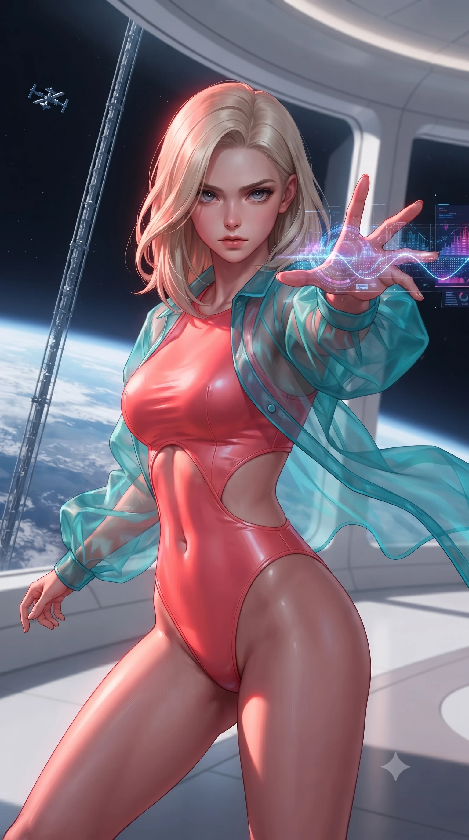score_9, masterpiece, best quality, ultra-detailed, high-budget anime keyframe, editorial fashion photography, tasteful artistic composition, realistic cosplay photography, Caucasian woman, strictly human ears. close-up cowboy shot from the waist and thighs up, the character dominates the composition, filling the frame with her large presence, background elements kept in soft focus. Casting a digital tracking wave with an outstretched hand, her gaze locked on the escaping target. set against a soft-focus background of a pristine white terminal overlooking the curvature of the Earth, giant glass walls revealing a massive elevator cable ascending to space. She has an exceptionally elegant and slender, willowy female figure with an ultra-slim waist, a gracefully sculpted slender torso, and a refined slim physique. sharp v-shaped jawline, high-bridge nose, intricate jewel-like eyes with depth, thick eyelashes, glossy lips with a natural sheen. wearing the lightweight fabric rippling and billowing dramatically with her movement, a form-contouring vibrant coral pink bodysuit with a dramatic open-waist cutout, layered with a sheer turquoise organza wrap shrug. deep crimson theatrical lighting with sharp specular highlights on every curve. ultra-reflective glossy finish, specular highlights, metallic sheen, high-contrast stereoscopic depth, volumetric dynamic lighting, 2k, ultra detail, master piece, 9:16 ratio