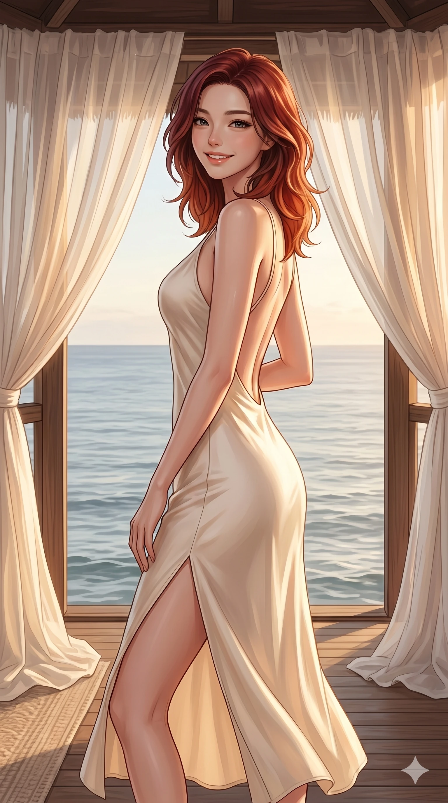 score_9, masterpiece, best quality, ultra-detailed, high-budget anime keyframe, editorial fashion photography, tasteful artistic composition, Korean woman. cowboy shot from the thighs up, character and outfit filling the frame for maximum editorial presence. smiling warmly with a serene and joyful expression, looking at the camera inside a beachside gazebo with white curtains and ocean views. She has an absolutely perfect 8-heads proportion, an exceptionally tall and slender female figure with impossibly long slender legs and an ultra-slim waist. V-shaped jawline, high-bridge nose, intricate jewel-like eyes with depth, thick eyelashes, glossy lips with a natural sheen. wearing a soft cream silk slip dress with an open-back design and high side slit. bathed in warm golden hour light filtering through the curtains, creating a cozy atmosphere. 2k, ultra detail, master piece, 9:16 ratio