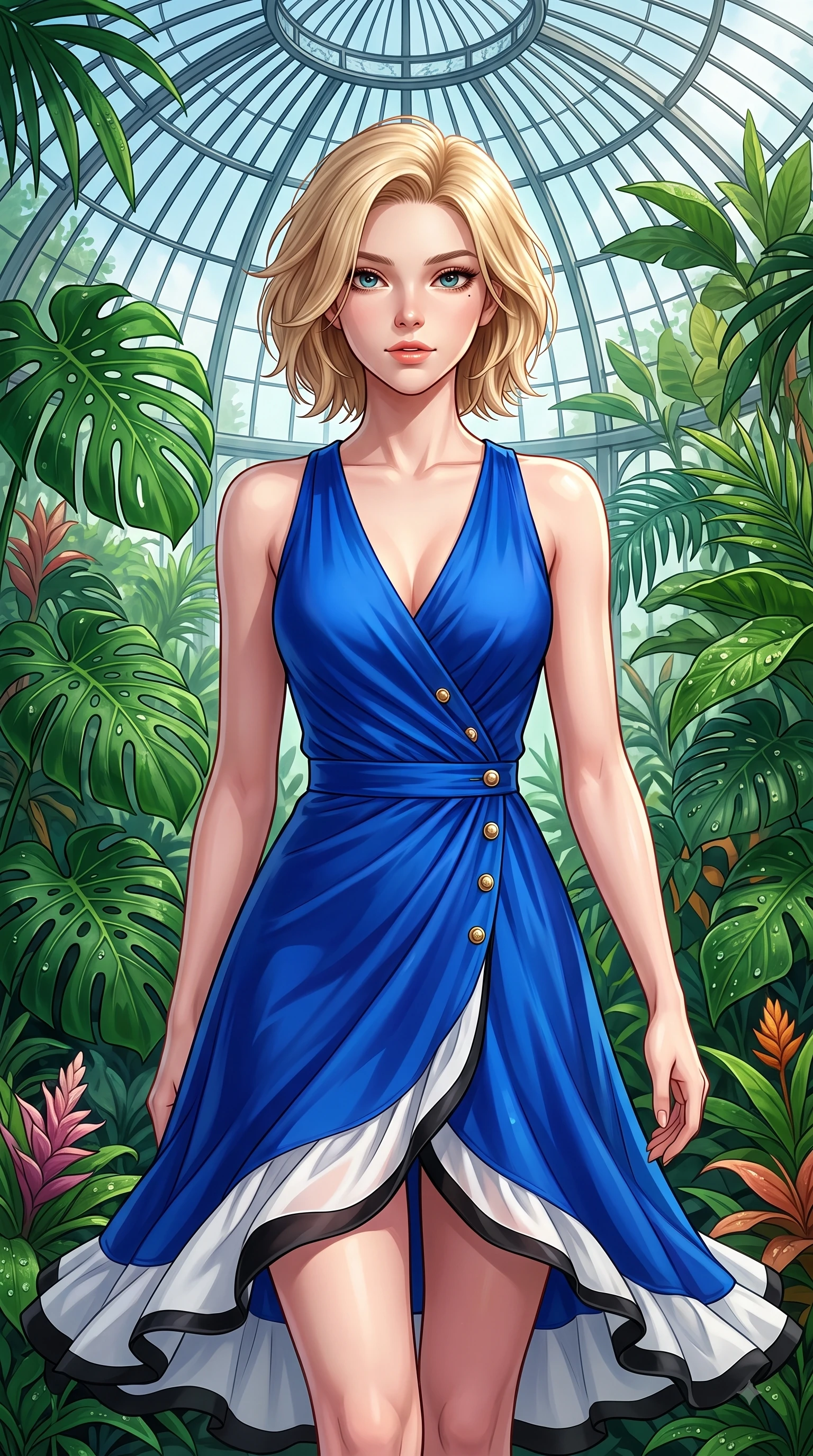 score_9, masterpiece, best quality, ultra-detailed, high-budget anime keyframe, editorial fashion photography, tasteful artistic composition, Caucasian woman. close-up cowboy shot from the waist and thighs up, the character dominates the composition, filling the frame with her large presence. Radiant anticipation in her face, glowing with hopeful curiosity and warm expectant energy while strolling through a lush botanical glasshouse surrounded by deep emerald Monstera leaves. The surrounding environment is rendered in vivid detail and crisp panoramic clarity. intricate glasshouse steel dome architecture, tropical plant leaf textures, and dewdrop details in crisp resolution. She has an exceptionally elegant, slender, and willowy female figure with an ultra-slim waist, a gracefully sculpted slender torso, and a refined silhouette. sharp v-shaped jawline, high-bridge nose, intricate jewel-like eyes with depth, thick eyelashes, glossy lips with a natural sheen, flawlessly proportioned anatomical accuracy, natural body alignment, perfectly sculpted elegant limbs, clean dynamic posture without body distortion. wearing an electric cobalt blue silk wrap dress with a graceful flowing hem in monochrome white and glossy black contrast, woven from fine lightweight chiffon fluttering gracefully, finished with gold metallic hardware buttons along the front, the tailored fit highlighting her statuesque and model-like silhouette. surrounded by a lush, vibrant, and enchanting garden editorial ambiance. highly saturated vibrant anime colors, detailed shading with soft gradients, rich glossy textures, high-contrast stereoscopic depth, volumetric dynamic lighting, master piece, 9:16 ratio