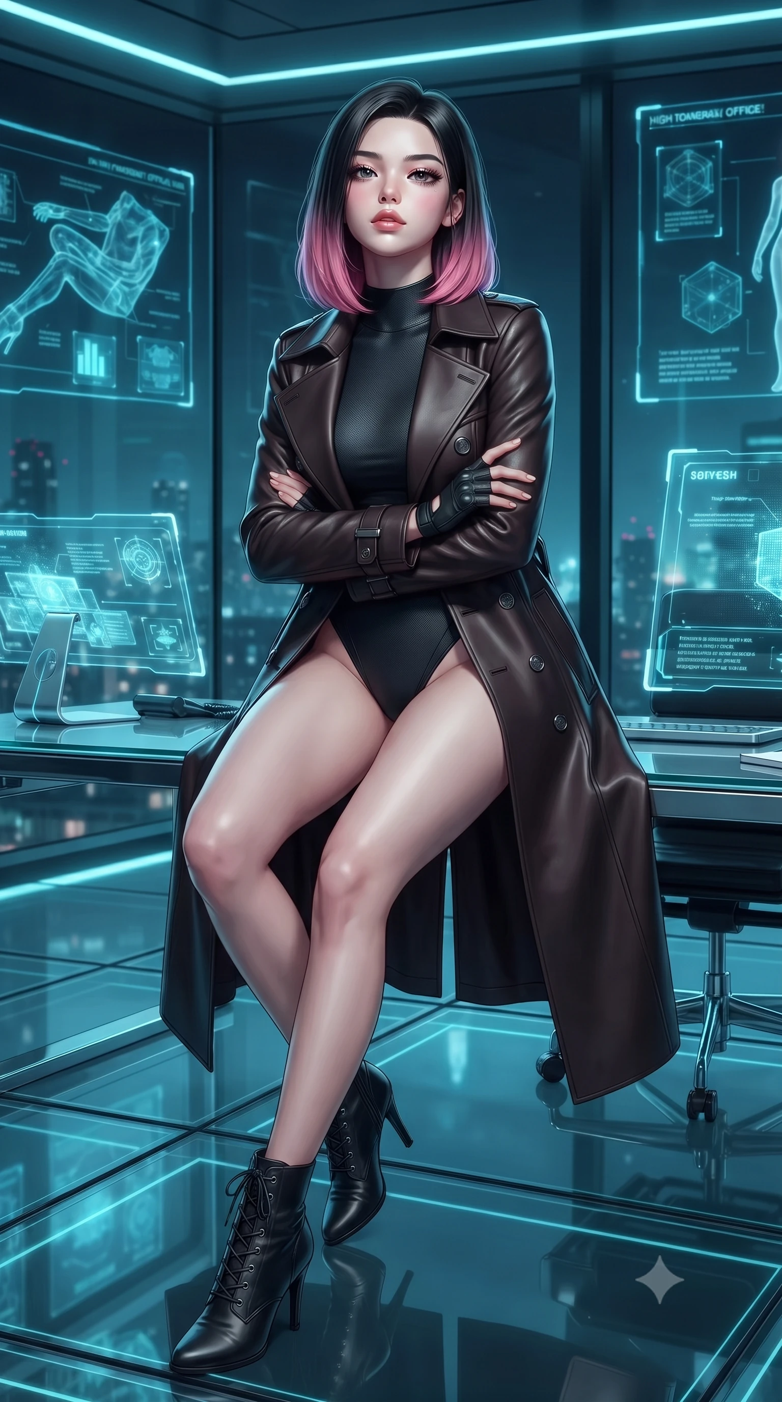 score_9, masterpiece, best quality, ultra-detailed, high-budget anime keyframe, editorial fashion photography, tasteful artistic composition, Korean woman. close-up cowboy shot from the waist and thighs up, the character dominates the composition, filling the frame with her large presence. tilting her chin up with proud, sovereign confidence while gazing directly into the lens with thick, dark eyelashes while sitting on the edge of a floating chrome desk with arms folded loosely, gazing through the one-way panoramic glass into the night. The surrounding environment is rendered in vivid detail and crisp panoramic clarity. crystal-clear transparent glass floor panels, glowing holographic typography, and chrome furniture joints in deep focus. She has an exceptionally elegant, slender, and willowy female figure with an ultra-slim waist, a gracefully sculpted slender torso, toned flat midriff, and a refined slim silhouette. sharp v-shaped jawline, high-bridge nose, intricate jewel-like eyes with depth, thick eyelashes, glossy lips with a natural sheen, captivating and magnetic expression, flawlessly proportioned anatomical accuracy, strict slender model proportions, natural body alignment, perfectly sculpted long slender limbs, ultra-slim waistline, clean dynamic posture without body distortion. wearing a matte-black aerodynamic stealth leotard worn under an open tailored double-breasted spy trench in deep espresso leather and gunmetal hardware, made of ultra-strong woven carbon-fiber composite with satin luster, complemented by tactical fingerless combat gloves and stiletto combat boots, the breezy yet form-flattering drape swaying gracefully with her steps, accentuating her long willowy limbs and slim waistline. bathed in ambient cyan and ice-blue holographic screen glow combined with midnight city skylight. ultra-reflective glossy finish, specular highlights, rich textural contrasts, high-contrast stereoscopic depth, volumetric dynamic lighting, 2k, ultra detail, master piece, 9:16 ratio