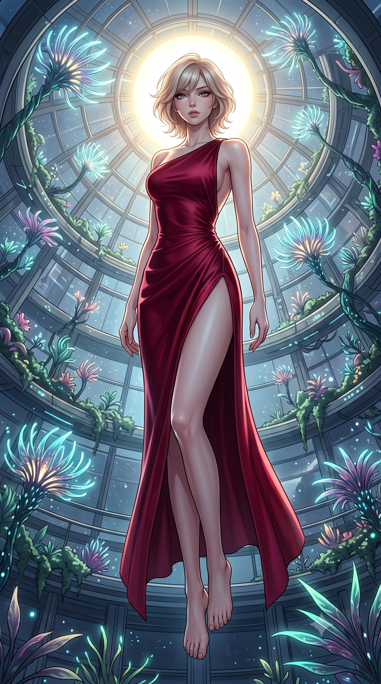 score_9, masterpiece, best quality, ultra-detailed, high-budget anime keyframe, editorial fashion photography, tasteful artistic composition, Japanese woman. low angle full-body shot from head to toe showing her feet, filling the entire 9:16 vertical frame with her statuesque presence, stretching her vertical silhouette. floating with ethereal lightness within a massive atrium inside a space station where exotic alien plants grow in spiraling zero-gravity formations their bioluminescent fronds reaching toward an artificial sun at the atrium's center. She has a statuesque 8.5-heads proportion, an exceptionally tall, slender and willowy model-like build with impossibly long legs and a highly sculpted ultra-slim waist. sharp v-shaped jawline, high-bridge nose, intricate jewel-like eyes with depth, thick eyelashes, glossy lips with a natural sheen. wearing a high-slit evening gown in deep crimson silk, featuring an asymmetric one-shoulder design and a bare back. soft glowing ambient light with sharp side key light tracing the sleek contours of her figure. 2k, ultra detail, master piece, 9:16 ratio