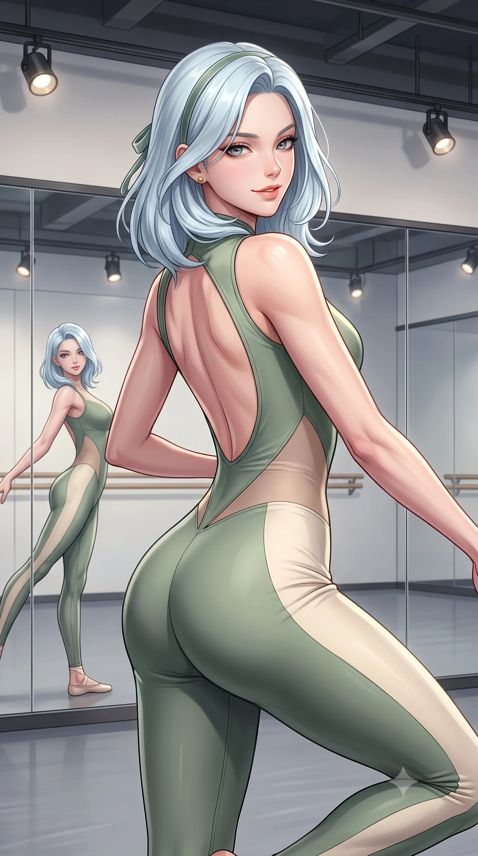 score_9, masterpiece, best quality, ultra-detailed, high-budget anime keyframe, semi-realistic 3D game render, editorial fashion photography, tasteful artistic composition, Korean woman. close-up cowboy shot from the waist and thighs up, the character dominates the composition, filling the frame with her large presence. turning over a bare shoulder with an intoxicating, teasing smile, her soft hair framing her sharp jawline as her hips angle gracefully while executing an elegant mid-motion arabesque turn before the mirrors, the tight fabric sculpting her feminine hip contour with statuesque precision. The surrounding environment is rendered in vivid detail and crisp panoramic clarity. detailed muscle definition, fabric stretch tension lines, and studio spotlight fixtures in high clarity. She has an exceptionally elegant, slender, and willowy female figure with an ultra-slim waist, a gracefully sculpted slender torso, toned flat midriff, and rounded feminine hips creating an alluring hourglass silhouette. sharp v-shaped jawline, high-bridge nose, intricate jewel-like eyes with depth, thick eyelashes, glossy parted lips with a natural sheen, intensely captivating and seductive bedroom-eyes expression, flawlessly proportioned anatomical accuracy, strict slender model proportions, natural body alignment, perfectly sculpted long slender limbs, ultra-slim waistline, clean dynamic posture without body distortion. wearing a second-skin compression ballet catsuit with an open back and sheer mesh side waist contouring in sage green and warm cream, tailored from fluid modal jersey adhering seamlessly to her slender frame, complemented by a delicate velvet hair ribbon and gold stud earrings, the second-skin form-contouring cut accentuating her sculpted flat midriff, narrow waistline, and dramatically curvy hips without adding bulk. surrounded by a disciplined, sensual, and exquisitely graceful haute-couture dancer aura. highly saturated vibrant anime colors, detailed shading with soft gradients, rich glossy textures, high-contrast stereoscopic depth, volumetric dynamic lighting, master piece, 9:16 ratio