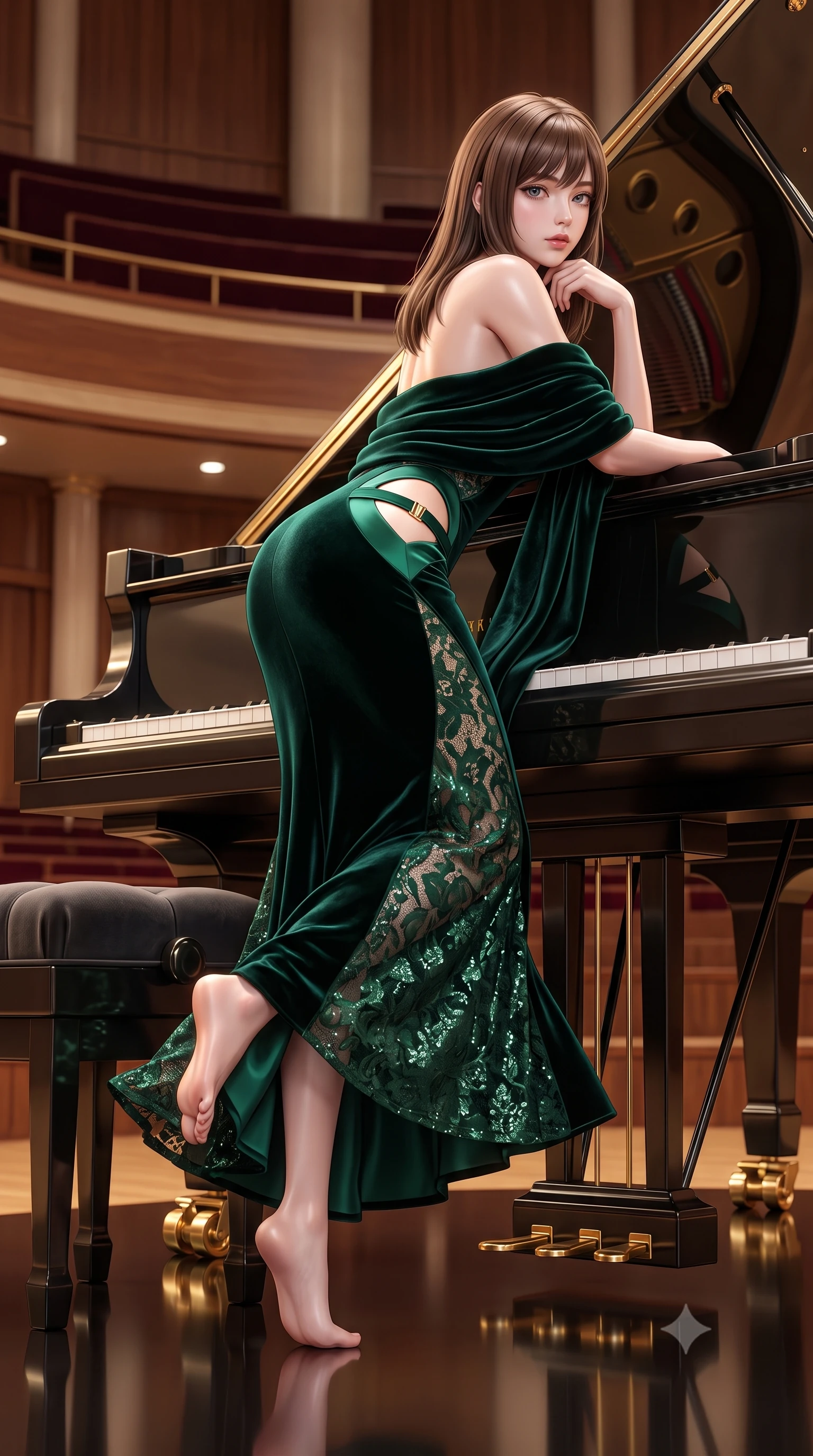 score_9, masterpiece, best quality, ultra-detailed, high-budget anime keyframe, semi-realistic 3D game render, editorial fashion photography, tasteful artistic composition, Korean woman. low angle full-body shot from head to toe showing her feet, filling the entire 9:16 vertical frame with her statuesque presence, stretching her vertical silhouette. executing an elegant mid-motion pivot turn as garments swirl around her slender limbs, glancing over her shoulder with an intoxicating bedroom-gaze while reclining across the polished lacquer lid of a grand piano propped on one elbow, arching her lower back to accentuate her feminine curves as she gazes into the lens. The surrounding environment is rendered in vivid detail and crisp panoramic clarity. sharp piano lacquer surface reflections, polished brass pedal hardware, and velvet stool tufting in deep focus. She has an absolutely perfect, statuesque 8.5-heads proportion, an exceptionally tall and slender model-like female figure with impossibly long slender legs, a toned flat midriff, an ultra-slim waist, and beautifully sculpted feminine hips. sharp v-shaped jawline, high-bridge nose, intricate jewel-like eyes with depth, thick eyelashes, glossy parted lips with a natural sheen, intensely captivating and seductive bedroom-eyes expression, flawlessly proportioned anatomical accuracy, strict slender model proportions, natural body alignment, perfectly sculpted long slender limbs, ultra-slim waistline, clean dynamic posture without body distortion. wearing a form-contouring midnight velvet mermaid gown with curved architectural hip cutouts in deep emerald green satin and gold hardware, formed from shimmering floral lace over smooth opaque silk lining, complemented by a plush velvet shawl draped loosely over her elbows, the liquid-tight tailored fabric clinging flawlessly to her narrow waist and rounded feminine hips, emphasizing every millimeter of her sculpted hourglass curves during movement. illuminated by sleek metallic reflections sculpting her sculpted collarbones, ultra-slim waist, and curvy hips. highly saturated vibrant anime colors, detailed shading with soft gradients, rich glossy textures, high-contrast stereoscopic depth, volumetric dynamic lighting, master piece, 9:16 ratio