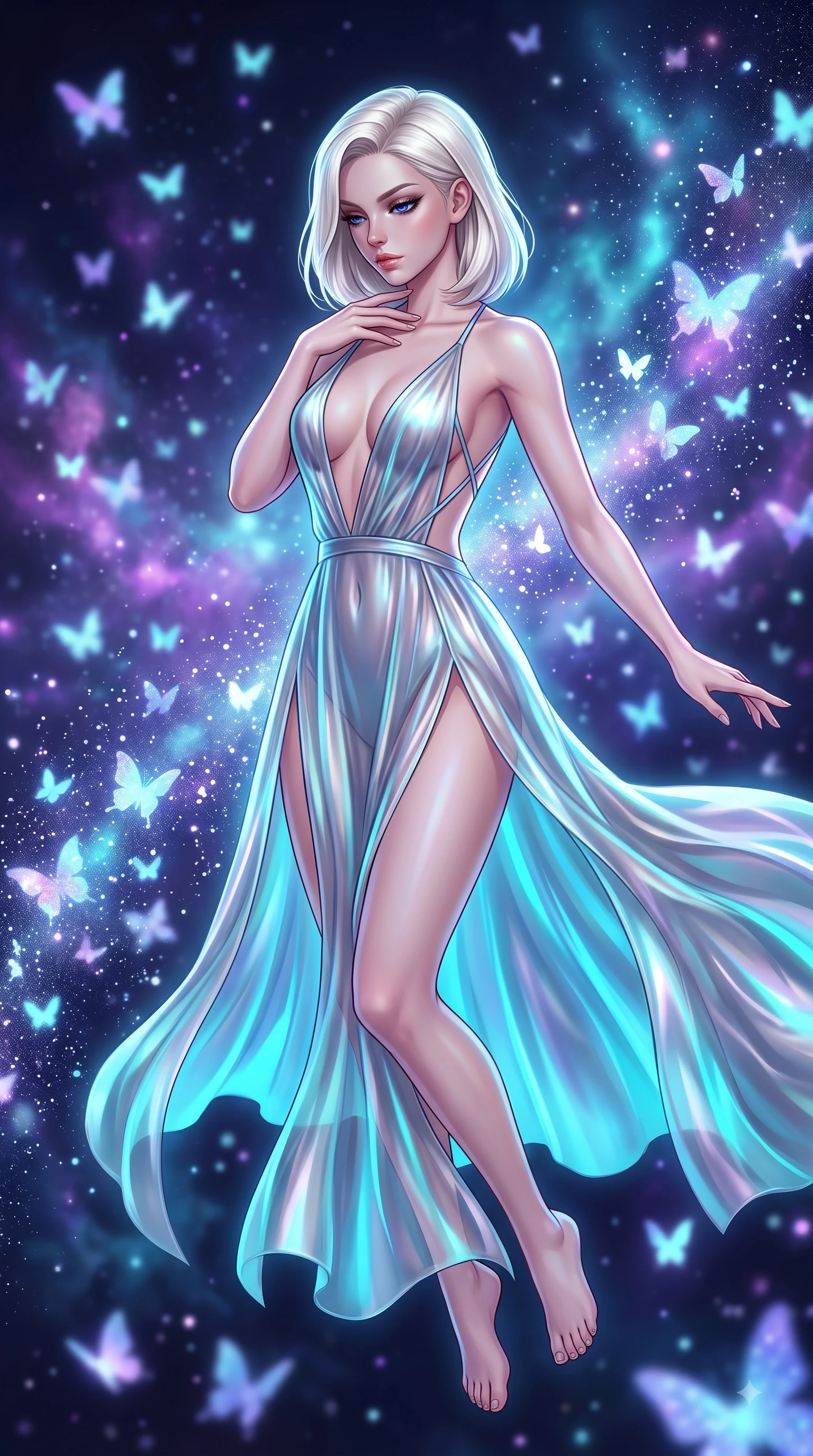 score_9, masterpiece, best quality, ultra-detailed, high-budget anime keyframe, semi-realistic 3D game render, editorial fashion photography, tasteful artistic composition, Caucasian woman. close-up cowboy shot from the waist and thighs up, the character dominates the composition, filling the frame with her large presence. resting her fingers lightly against her throat while looking down with a smoldering, haughty yet intensely captivating glance while spreading her arms in a graceful zero-gravity flight pose as stardust and digital butterflies trail behind. The composition keeps background elements in soft focus with creamy bokeh. swirling cosmic nebulae and thousands of glowing butterflies blurred into dreamy violet and cyan bokeh. She has an exceptionally elegant, slender, and willowy female figure with an ultra-slim waist, a gracefully sculpted slender torso, and a refined silhouette. sharp v-shaped jawline, high-bridge nose, intricate jewel-like eyes with depth, thick eyelashes, glossy lips with a natural sheen, flawlessly proportioned anatomical accuracy, natural body alignment, perfectly sculpted elegant limbs, clean dynamic posture without body distortion. wearing a translucent iridescent chiffon gown with a plunging neckline, high dual thigh slits, and an open back in liquid mercury silver and glowing electric cyan, made of smooth iridescent silk chiffon that shifts colors with movement, complemented by criss-cross back straps highlighting her completely bare spine, the daring cutouts accentuating her delicate midriff, graceful collarbones, and feminine contour. surrounded by an enchanting, weightless, and dreamily sensual cosmic atmosphere. highly saturated vibrant anime colors, detailed shading with soft gradients, rich glossy textures, high-contrast stereoscopic depth, volumetric dynamic lighting, master piece, 9:16 ratio