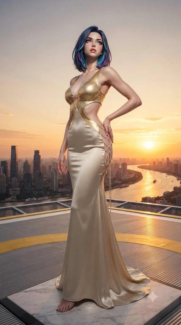 score_9, masterpiece, best quality, ultra-detailed, high-budget anime keyframe, editorial fashion photography, tasteful artistic composition, Caucasian woman. low angle full-body shot from head to toe showing her feet, filling the entire 9:16 vertical frame with her statuesque presence, stretching her vertical silhouette. sitting poised on the Carrara marble steps with one knee bent, arching her spine with supermodel elegance as she glances upward through thick eyelashes while standing poised on the circular rooftop helipad platform, arching her spine with sovereign glamour as the fiery amber sunset washes across the sweeping river curve. The surrounding environment is rendered in vivid detail and crisp panoramic clarity: sharp helipad perimeter markings, brushed aluminum deck grating, and crisp panoramic skyscraper silhouettes in deep focus. She has an exceptionally tall and slender model-like 8.5-heads proportion, an ultra-slim waist, a flat toned midriff, narrow delicate ribcage, and beautifully sculpted feminine hips creating a graceful, slim hourglass silhouette without any bulky heaviness, with impossibly long slender legs. sharp v-shaped jawline, high-bridge nose, intricate jewel-like sparkling eyes with depth, thick eyelashes, glossy parted lips with a natural sheen, intensely captivating and seductive bedroom-eyes expression, exuding both youthful cute charm and sovereign luxury allure, flawlessly proportioned anatomical accuracy, strict slender model proportions, natural body alignment, perfectly sculpted long slender limbs, ultra-slim waistline, clean dynamic posture without body distortion. wearing a sculptured liquid-satin mermaid gown with an architectural open-waist cutout and bare spine in Istrian stone cream and antique gold-leaf, tailored from heavy double-faced silk georgette with an exceptionally fluid drape, featuring fine criss-cross lace-up side ties revealing tantalizing glimpses of her hip curve, the impeccably tailored cut draping gracefully along her slender figure with aristocratic poise. illuminated by deck surface bounce and intense golden-crimson rim lights sculpting her razor-sharp jawline, narrow waist, and curvy hips. ultra-reflective glossy finish, specular highlights, rich textural contrasts, high-contrast stereoscopic depth, volumetric dynamic lighting, 2k, ultra detail, master piece, 9:16 ratio