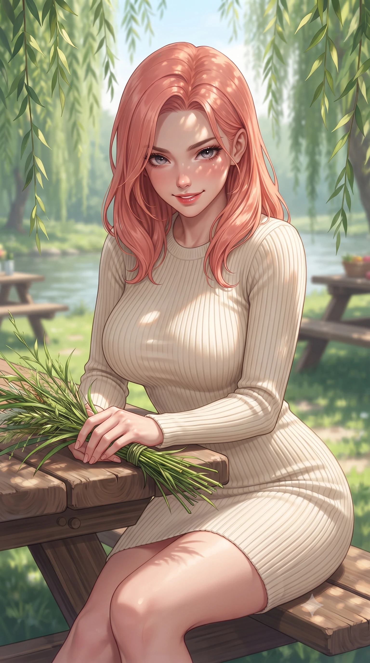 score_9, masterpiece, best quality, ultra-detailed, high-budget anime keyframe, editorial fashion photography, tasteful artistic composition, Japanese woman. close-up cowboy shot from the waist and thighs up, the character dominates the composition, filling the frame with her large presence, background elements kept in soft focus. leaning slightly forward with a playful, sultry smile that holds direct, intense eye contact set against a soft-focus background of at a riverside picnic area with wooden tables under weeping willow trees holding a bunch of fresh river reeds with a happy, cute expression. She has an exceptionally elegant, slender, and willowy female figure with an ultra-slim waist, a gracefully sculpted slender torso, and a refined silhouette. sharp v-shaped jawline, high-bridge nose, intricate jewel-like eyes with depth, thick eyelashes, glossy lips with a natural sheen. wearing tailored form-fitting ribbed knit dress in cream, contouring her slender silhouette. dappled sunlight filtering through the weeping willow leaves onto her face. highly saturated vibrant anime colors, detailed shading with soft gradients, rich glossy textures, high-contrast stereoscopic depth, volumetric dynamic lighting, master piece, 9:16 ratio