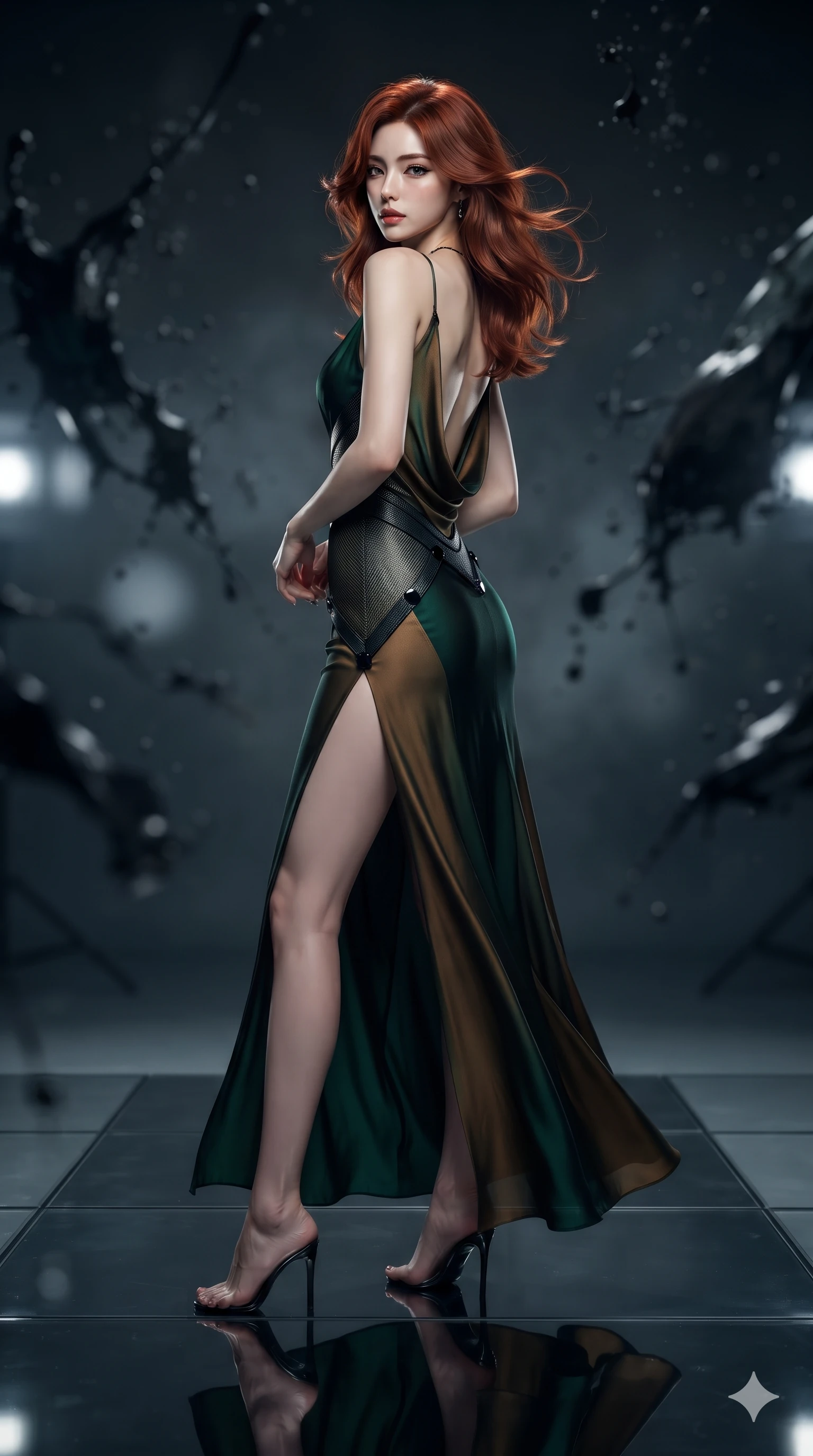 score_9, masterpiece, best quality, ultra-detailed, high-budget anime keyframe, editorial fashion photography, tasteful artistic composition, Korean woman. low angle full-body shot from head to toe showing her feet, filling the entire 9:16 vertical frame with her statuesque presence, stretching her vertical silhouette. executing a slow, elegant turn as her liquid gown flutters around her slender legs, glancing over her shoulder with an intoxicating bedroom-gaze while twisting her slender torso in an alluring contrapposto stance across the mirrored glass floor, dark glossy reflections contouring her waist and hips. The background shows a soft-focus suspended splashes of dark acrylic paint, cold studio shadows, and distant gallery floodlights blurred into charcoal, pitch-black, and obsidian bokeh. She has an absolutely perfect, statuesque 8.5-heads proportion, an exceptionally tall and slender model-like female figure with impossibly long slender legs, an ultra-slim waist, a flat toned midriff, narrow delicate ribcage, and beautifully sculpted feminine hips creating a graceful, slim hourglass silhouette without any bulky heaviness. sharp v-shaped jawline, high-bridge nose, intricate jewel-like dark sparkling eyes with hypnotic seductive depth, thick curled eyelashes, glossy parted lips with a natural wine sheen, alluring bedroom-eyes with an enigmatic smoldering smile, exuding magnetic sovereign charisma and dark avant-garde glamour, flawlessly proportioned anatomical accuracy, strict slender model proportions, natural body alignment, perfectly sculpted long slender limbs, ultra-slim waistline, clean dynamic posture without body distortion. wearing a form-contouring gossamer silk chiffon slip dress with hip-high slit and open cowl back clinging with mist in dark emerald green and antique bronze, woven from matte carbon-fiber weave with high-tech structural hold, adorned with minimalist black onyx hardware framing the silhouette, the form-fitting cut adhering flawlessly to her sculpted flat midriff and slender torso, emphasizing her long leg lines and perfectly proportioned willowy build. illuminated by reflective glass floor bounce and sharp silver-mercury rim lights sculpting her razor-sharp jawline, narrow waist, and curvy hips. ultra-reflective glossy finish, specular highlights, metallic sheen, high-contrast stereoscopic depth, volumetric dynamic lighting, 2k, ultra detail, master piece, 9:16 ratio