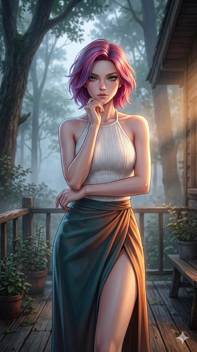 score_9, masterpiece, best quality, ultra-detailed, high-budget anime keyframe, editorial fashion photography, tasteful artistic composition, Caucasian woman, strictly human ears. cowboy shot from the thighs up, character and outfit filling the frame