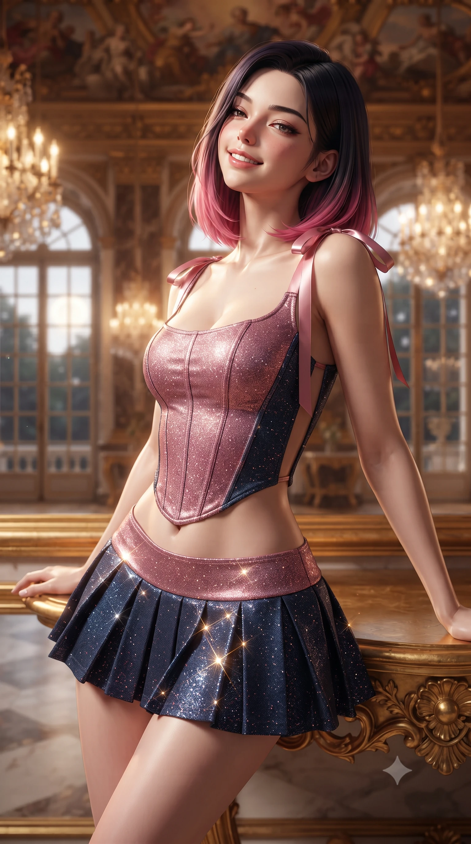 score_9, masterpiece, best quality, ultra-detailed, high-budget anime keyframe, editorial fashion photography, tasteful artistic composition, Korean woman. close-up cowboy shot from the waist and thighs up, the character dominates the composition, filling the frame with her large presence. leaning back against the balustrade with relaxed seductive grace, head tilted back slightly while casting a hypnotic, heavy-lidded gaze while leaning against the gilded Baroque console table with hips cocked back, looking into the bevelled antique mirror with smoldering bedroom-eyes. The background shows a soft-focus flickering multi-tiered crystal chandeliers, gilded allegorical ceiling frescoes, and moonlit Baroque palace gardens through tall arched French windows blurred into champagne, amber, and gold bokeh. She has an exceptionally elegant, slender, and willowy female figure with an ultra-slim waist, flat toned midriff, narrow ribcage, and sculpted feminine hips creating an alluring, slim hourglass silhouette without bulk. sharp v-shaped jawline, high-bridge nose, intricate jewel-like sparkling eyes with depth, thick eyelashes, glossy parted lips with a natural peach sheen, bright cheerful beaming smile with an enchanting and coquettish sensual glint, exuding both youthful cute charm and seductive allure, flawlessly proportioned anatomical accuracy, strict slender model proportions, natural body alignment, perfectly sculpted long slender limbs, ultra-slim waistline, clean dynamic posture without body distortion. wearing a structured boned corset top paired with an ultra-short low-rise pleated micro mini skirt in Brittany pink granite rose and deep Atlantic navy, woven from stretch metallic lurex jersey casting radiant starlight glints across her curves, finished with satin ribbon ties at the shoulders fluttering in the gentle breeze, the precision-cut side openings and low-back scoop framing her graceful spine and the sensual sweep of her slim, toned hips. illuminated by marble floor reflection bounce and sharp champagne-gold rim lights sculpting her razor-sharp jawline, narrow waist, and curvy hips. ultra-reflective glossy finish, specular highlights, rich textural contrasts, high-contrast stereoscopic depth, volumetric dynamic lighting, 2k, ultra detail, master piece, 9:16 ratio