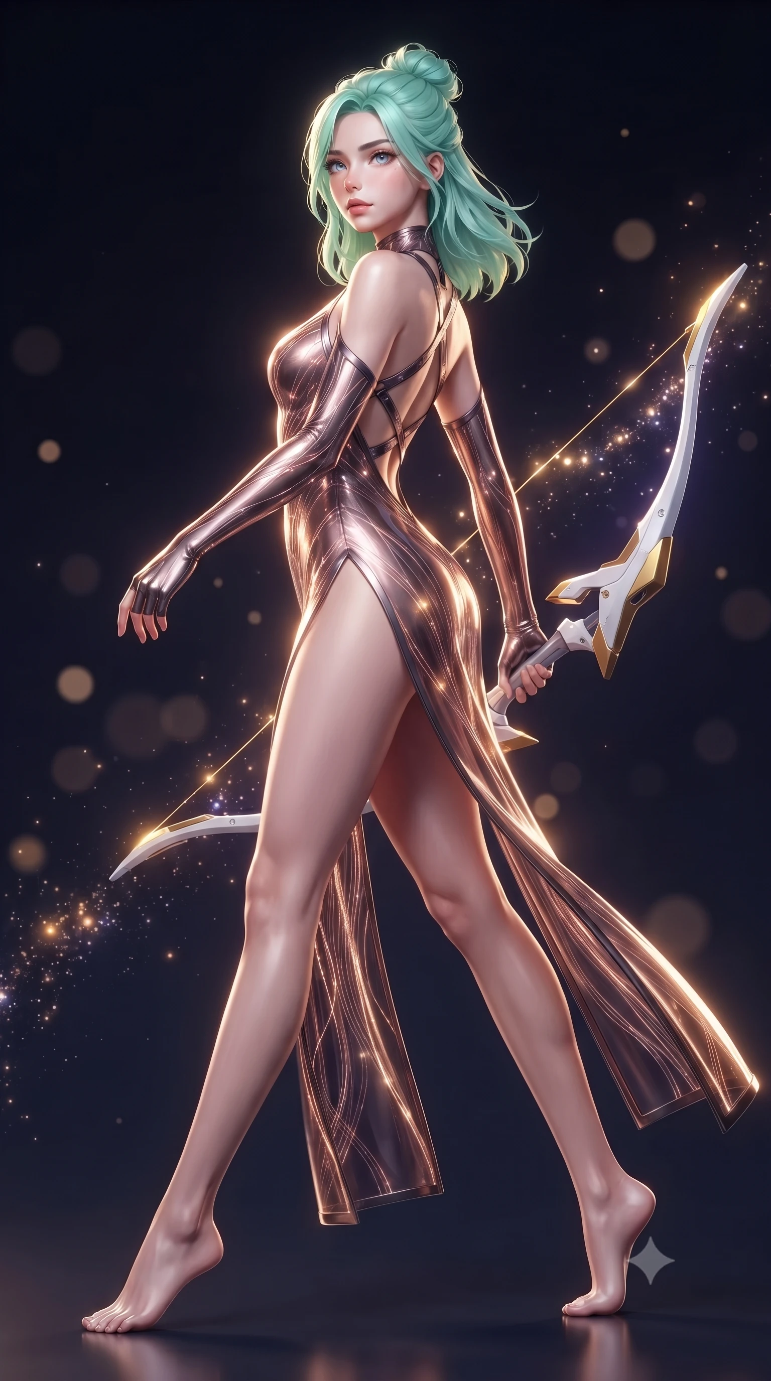 score_9, masterpiece, best quality, ultra-detailed, high-budget anime keyframe, editorial fashion photography, tasteful artistic composition, Japanese woman. low angle full-body shot from head to toe showing her feet, filling the entire 9:16 vertical frame with her statuesque presence, stretching her vertical silhouette. striding forward with commanding supermodel grace, weapon held at the ready, her 8.5-heads statuesque silhouette dominating the vertical frame from head to toe while arching her spine in a fluid zero-gravity stretch, her long slender legs and sculpted torso creating a sweeping celestial line. The composition keeps background elements in soft focus with creamy bokeh. sparkling quantum particle trails scattering celestial radiance across a deep space backdrop. She has an absolutely perfect, statuesque 8.5-heads proportion, an exceptionally tall and slender model-like female figure with impossibly long slender legs, a toned flat midriff, and an ultra-slim waist. sharp v-shaped jawline, high-bridge nose, intricate jewel-like eyes with depth, thick eyelashes, glossy lips with a natural sheen, flawlessly proportioned anatomical accuracy, strict slender model proportions, natural body alignment, perfectly sculpted long slender limbs, ultra-slim waistline, clean dynamic posture without body distortion. wearing a form-fitting luminous rose-gold carbon combat gown with tactical side slits, wielding a floating magnetic energy bow with celestial poise in arctic white carbon composite with radiant solar gold plating, crafted from semi-translucent cybernetic carbon-vinyl interwoven with glowing micro-filaments, complemented by criss-cross back harness straps highlighting her completely bare spine, the glove-like aerodynamic second-skin fit tightly clinging to her ultra-slender waist and athletic curves without adding bulk, accentuating her razor-sharp statuesque lines and slim hourglass silhouette. bathed in radiant golden singularity accretion glow and saturated violet gravitational field uplights. ultra-reflective glossy finish, specular highlights, dark metallic sheen, high-contrast stereoscopic depth, volumetric dynamic lighting, 2k, ultra detail, master piece, 9:16 ratio