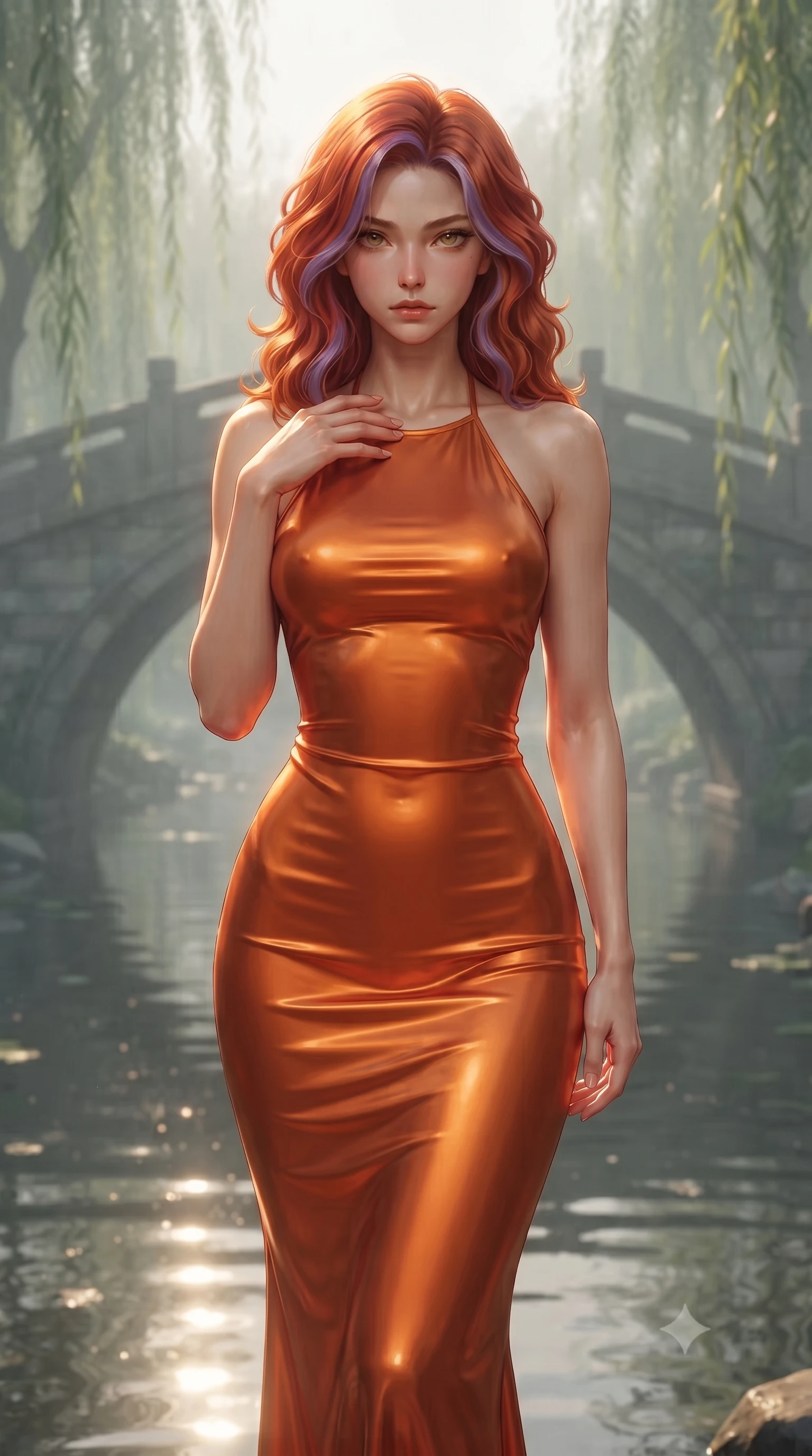 score_9, masterpiece, best quality, ultra-detailed, high-budget anime keyframe, editorial fashion photography, tasteful artistic composition, Caucasian woman. close-up cowboy shot from the waist and thighs up, the character dominates the composition, filling the frame with her large presence, background elements kept in soft focus. standing with one hand resting on her collarbone, looking at the viewer with bedroom-eyes the background shows a soft-focus a misty stone bridge over a quiet stream with weeping willow trees. She has an exceptionally elegant, slender, and willowy female figure with an ultra-slim waist, a gracefully sculpted slender torso, and a refined silhouette. sharp v-shaped jawline, high-bridge nose, intricate jewel-like eyes with depth, thick eyelashes, glossy lips with a natural sheen. wearing a body-hugging form-fitting liquid silk halter-neck maxi dress in sunset orange, draped elegantly to highlight her slender frame. dappled sunbeams reflecting off the moving water surface onto her form. ultra-reflective glossy finish, specular highlights, metallic sheen, high-contrast stereoscopic depth, volumetric dynamic lighting, 2k, ultra detail, master piece, 9:16 ratio