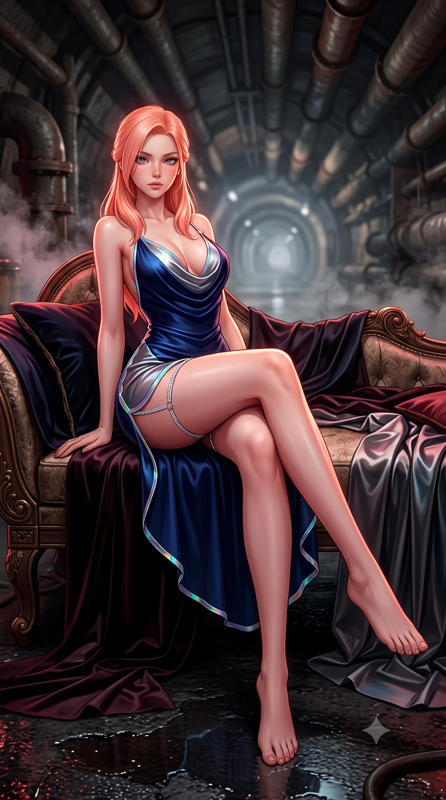score_9, masterpiece, best quality, ultra-detailed, high-budget anime keyframe, semi-realistic 3D game render, editorial fashion photography, tasteful artistic composition, Japanese woman. low angle full-body shot from head to toe showing her feet, filling the entire 9:16 vertical frame with her statuesque presence, stretching her vertical silhouette. lounging on the lavish daybed with legs crossed and hips angled toward the camera, displaying her toned midriff and long slender limbs with effortless siren poise while twisting her slender torso in an alluring contrapposto stance between heavy conduit pipes, steam billowing around her long slender legs. The background shows a soft-focus distant tunnel vanishing points softened in gritty underground shallow focus. She has an absolutely perfect, statuesque 8.5-heads proportion, an exceptionally tall and slender model-like female figure with impossibly long slender legs, an ultra-slim waist, a flat toned midriff, narrow delicate ribcage, and beautifully sculpted feminine hips creating a graceful, slim hourglass silhouette without any bulky heaviness. sharp v-shaped jawline, high-bridge nose, sparkling eyes with hypnotic seductive depth, thick curled eyelashes, glossy parted lips with a natural dewy peach sheen, alluring bedroom-eyes with an enchanting coquettish smile, exuding magnetic siren charisma and sophisticated glamour, flawlessly proportioned anatomical accuracy, strict slender model proportions, natural body alignment, perfectly sculpted long slender limbs, ultra-slim waistline, clean dynamic posture without body distortion. wearing a low-cut draped cowl-back satin ballet slip mini dress with dainty pearl spaghetti straps in deep sapphire navy and metallic silver with holographic trims, made of semi-opaque stretch illusion mesh with soft shadowy contours, finished with delicate crystal-encrusted thigh garter straps glinting under the lights, the liquid-tight tailored fabric clinging flawlessly to her narrow waist and rounded feminine hips, emphasizing every millimeter of her sculpted slim hourglass curves without any bulky heaviness. illuminated by wet track puddle bounce and sharp deep-red rim lights sculpting her jawline, flat midriff, and voluptuous hip curves. highly saturated vibrant anime colors, detailed shading with soft gradients, rich glossy textures, high-contrast stereoscopic depth, volumetric dynamic lighting, master piece, 9:16 ratio