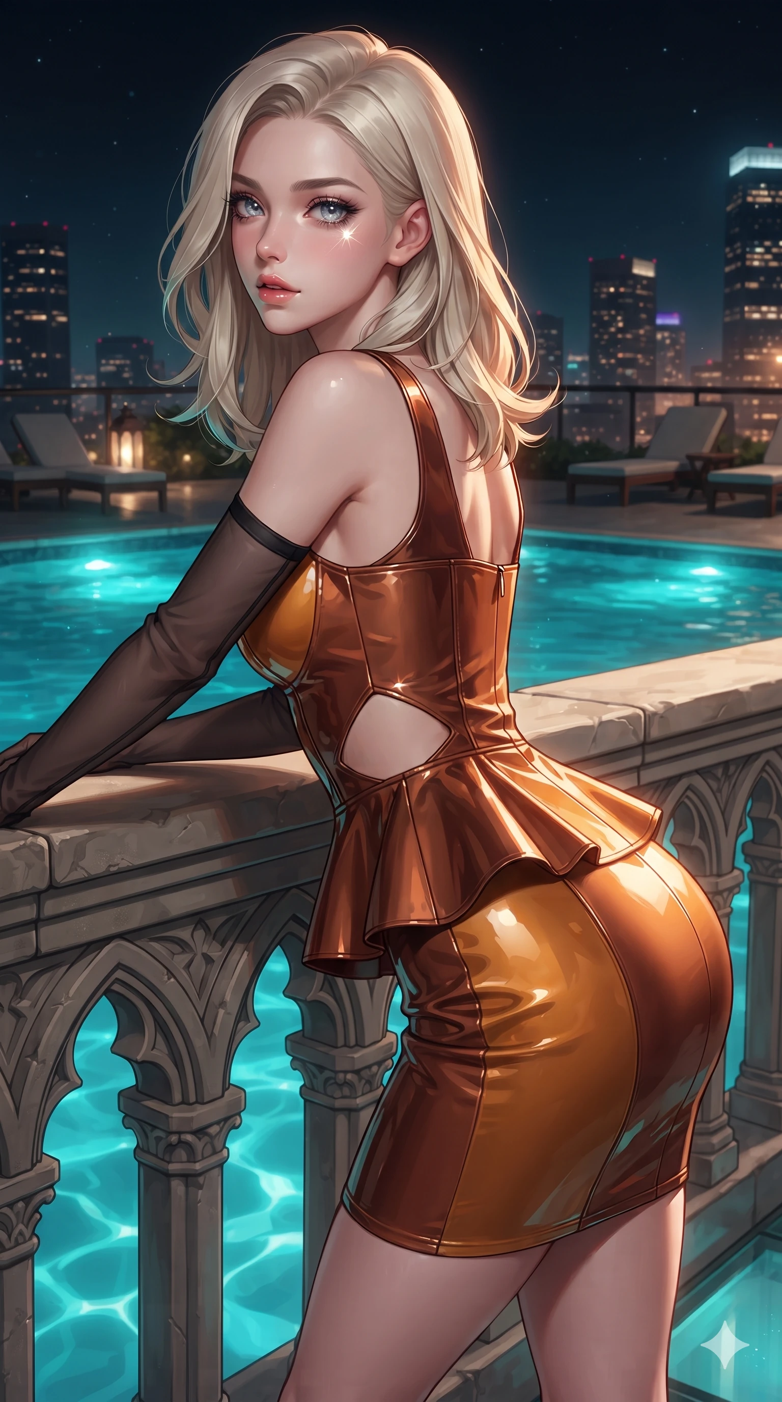 score_9, masterpiece, best quality, ultra-detailed, high-budget anime keyframe, editorial fashion photography, tasteful artistic composition, Caucasian woman. close-up cowboy shot from the waist and thighs up, the character dominates the composition, filling the frame with her large presence. leaning forward over the carved stone gothic balustrade, looking back with sleepy seductive bedroom-eyes as water reflections dance across her silhouette while twisting her slender torso in an alluring S-curve, turquoise underwater lights and city skyline glows painting sharp highlights along her narrow waist and curvy hips. The surrounding environment is rendered in vivid detail and crisp panoramic clarity: sharp acrylic pool panel seams, surface tension water ripples, and stainless steel support bracket bevels in deep focus. She has an exceptionally elegant, slender, and willowy female figure with an ultra-slim waist, flat toned midriff, narrow ribcage, and sculpted feminine hips creating an alluring, slim hourglass silhouette without bulk. sharp v-shaped jawline, high-bridge nose, intricate jewel-like sparkling eyes with depth, thick eyelashes, glossy parted lips with a natural sheen, intensely captivating and seductive bedroom-eyes expression, exuding both youthful cute charm and sovereign luxury allure, flawlessly proportioned anatomical accuracy, strict slender model proportions, natural body alignment, perfectly sculpted long slender limbs, ultra-slim waistline, clean dynamic posture without body distortion. wearing a modern peplum corset dress with side-waist diamond cutouts and an ultra-tight silhouette in rich copper bronze and warm amber, tailored from high-gloss patent leather with mirror-like specular highlights, complemented by sheer opera-length evening gloves tracing her slender arms, the form-contouring cut accentuating her sculpted flat midriff, narrow delicate ribcage, and gracefully curvy hips with intoxicating allure. illuminated by glass floor bounce and sharp turquoise-platinum rim lights defining her razor-sharp jawline, narrow waist, and curvy hips. ultra-reflective glossy finish, specular highlights, rich textural contrasts, high-contrast stereoscopic depth, volumetric dynamic lighting, 2k, ultra detail, master piece, 9:16 ratio