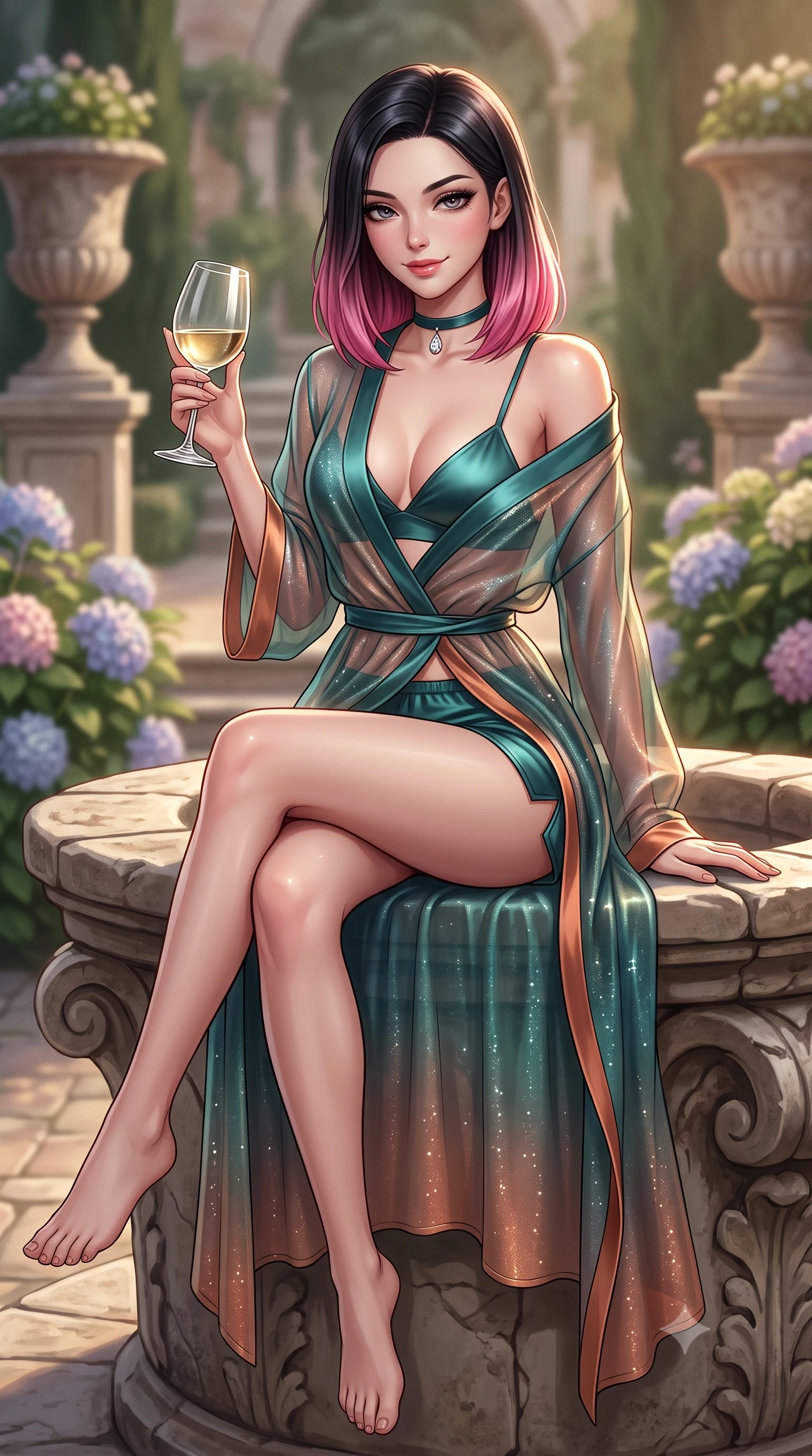 score_9, masterpiece, best quality, ultra-detailed, high-budget anime keyframe, semi-realistic 3D game render, editorial fashion photography, tasteful artistic composition, Korean woman. close-up cowboy shot from the waist and thighs up, the character dominates the composition, filling the frame with her large presence. perched sideways on the lounge seat, one knee drawn up to showcase her slender leg line while her arched back accentuates her feminine hip curve while sitting poised on the ancient stone well-head with legs crossed, holding a crystal wine glass with effortless royal cool. The background shows a soft-focus blooming hydrangeas and stone urns softened in historic Italian garden shallow focus. She has an exceptionally elegant, slender, and willowy female figure with an ultra-slim waist, flat toned midriff, narrow ribcage, and sculpted feminine hips creating an alluring, slim hourglass silhouette without bulk. sharp v-shaped jawline, high-bridge nose, sparkling eyes with hypnotic seductive depth, thick curled eyelashes, glossy parted lips with a natural dewy peach sheen, alluring bedroom-eyes with an enchanting coquettish smile, exuding magnetic siren charisma and sophisticated glamour, flawlessly proportioned anatomical accuracy, strict slender model proportions, natural body alignment, perfectly sculpted long slender limbs, ultra-slim waistline, clean dynamic posture without body distortion. wearing a sheer silk organza modern kimono robe worn loose and slipping off bare shoulders over a matching satin bralette and micro-shorts in Ubud rainforest teal and sunset copper, woven from stretch metallic lurex jersey casting radiant starlight glints across her silhouette, finished with a thin velvet ribbon choker and a single teardrop diamond pendant, the high-slit wrap tailoring accentuating her ultra-slim waistline and the enchanting curve of her feminine hips with alluring seductive charm. illuminated by stone terrace reflection bounce and sharp warm-gold rim lights sculpting her razor-sharp jawline, narrow waist, and curvy hips. highly saturated vibrant anime colors, detailed shading with soft gradients, rich glossy textures, high-contrast stereoscopic depth, volumetric dynamic lighting, master piece, 9:16 ratio