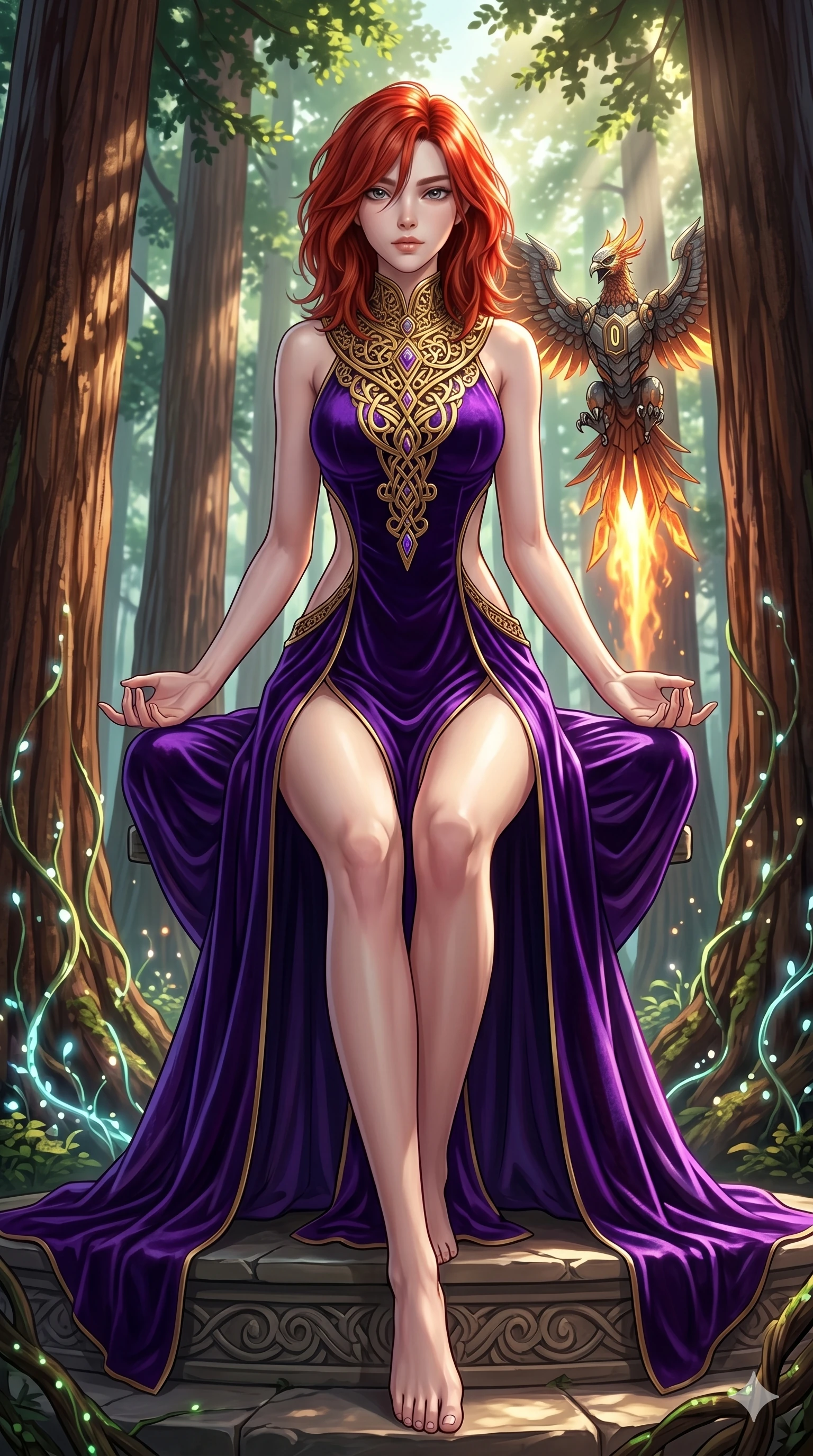 score_9, masterpiece, best quality, ultra-detailed, Set A: High-budget Anime Keyframe, Korean woman. Low angle cowboy shot filling the entire 9:16 frame with her statuesque presence. Theme: Primal Nature. meditating in a giant redwood forest with glowing vines, while a mechanical phoenix rises in the background marked 0. The atmosphere is filled with cinematic sunlight through leaves. She has an absolutely perfect 8-heads proportion, an exceptionally tall and slender female figure with impossibly long slender legs and an ultra-slim waist. Sharp v-shaped jawline, high-bridge nose, intricate jewel-like eyes with depth, glossy lips. Wearing Royal purple velvet gown with a massive gold-engraved neck-piece and open sides. Cinematic lighting, vivid colors, dramatic shadows, 2k, ultra detail, master piece, 9:16 ratio
