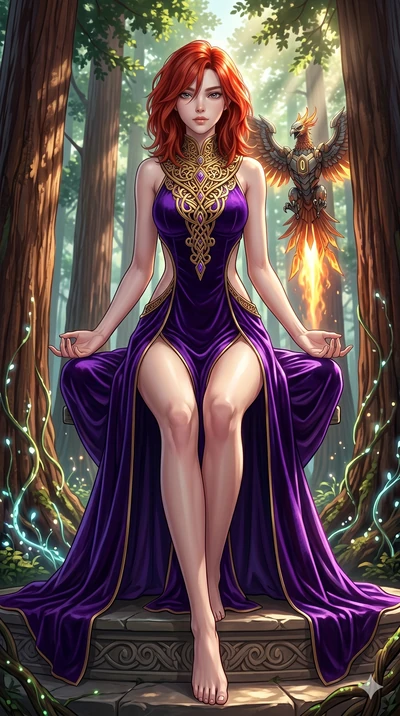 score_9, masterpiece, best quality, ultra-detailed, Set A: High-budget Anime Keyframe, Korean woman. Low angle cowboy shot filling the entire 9:16 frame with her statuesque presence. Theme: Primal Nature. meditating in a giant redwood forest with glo