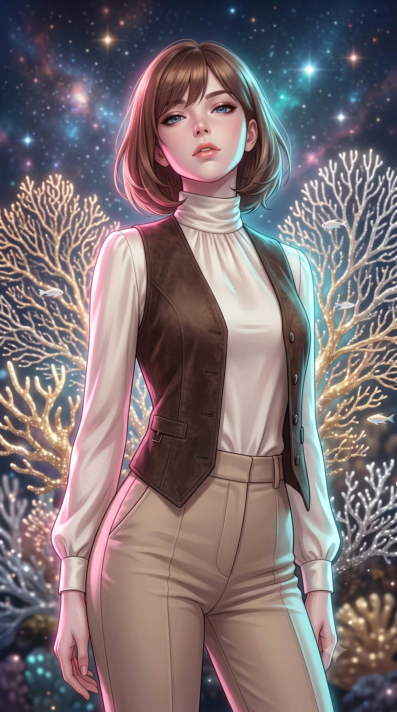score_9, masterpiece, best quality, ultra-detailed, high-budget anime keyframe, editorial fashion photography, tasteful artistic composition, Caucasian woman, strictly human ears. close-up cowboy shot from the waist and thighs up, the character dominates the composition, filling the frame with her large presence, background elements kept in soft focus. Tilting her chin up slightly with lips parted in a composed expression. set against a soft-focus background of an underwater-like garden where coral formations are made entirely of solidified starlight in gold and silver their branches delicate as filigree swaying gently in cosmic currents with tiny light-fish darting between them. She has an exceptionally elegant and slender, willowy female figure with an ultra-slim waist, a gracefully sculpted slender torso, and a refined slim physique. sharp v-shaped jawline, high-bridge nose, intricate jewel-like eyes with depth, thick eyelashes, glossy lips with a natural sheen. wearing a high-neck ivory silk blouse under a dark brown suede vest, paired with beige tailored trousers. starlight and nebula glow casting soft cosmic pink and cyan highlights on her form. 2k, ultra detail, master piece, 9:16 ratio