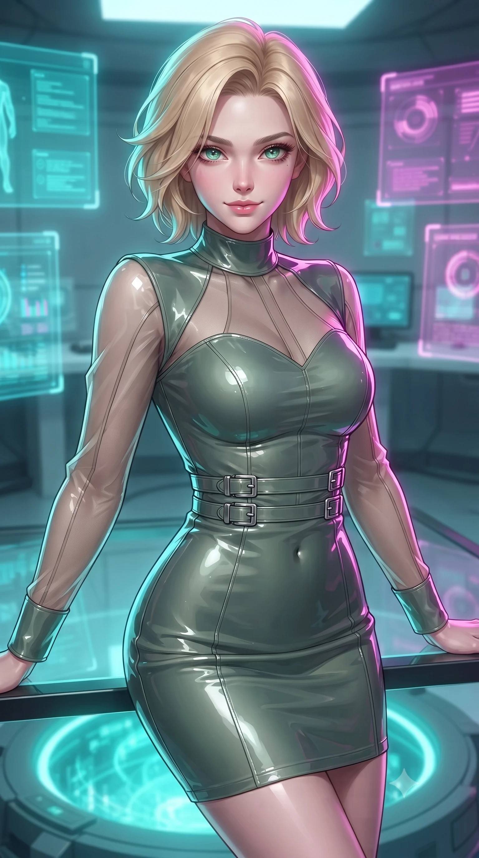 score_9, masterpiece, best quality, ultra-detailed, high-budget anime keyframe, editorial fashion photography, tasteful artistic composition, Caucasian woman. close-up cowboy shot from the waist and thighs up, the character dominates the composition, filling the frame with her large presence, background elements kept in soft focus. Smiling with quiet, magnetic self-assurance directly into the lens poised on a glass platform over a quantum particle accelerator core, translucent cyan and magenta holographic panels hovering seamlessly. She has an exceptionally elegant, slender, and willowy female figure with an ultra-slim waist, a gracefully sculpted slender torso, and a refined silhouette. sharp v-shaped jawline, high-bridge nose, intricate jewel-like eyes with depth, thick eyelashes, glossy lips with a natural sheen. wearing a sleek bodycon knit dress with sheer organza sleeve panels in sage green and oatmeal, tailored from high-gloss patent leather, detailed with polished silver buckles along the waistline, the form-contouring material highlighting her ultra-slim waist and long lines. bathed in brilliant neon cyan and magenta rim light with clean white ambient glow. ultra-reflective glossy finish, specular highlights, metallic sheen, high-contrast stereoscopic depth, volumetric dynamic lighting, 2k, ultra detail, master piece, 9:16 ratio