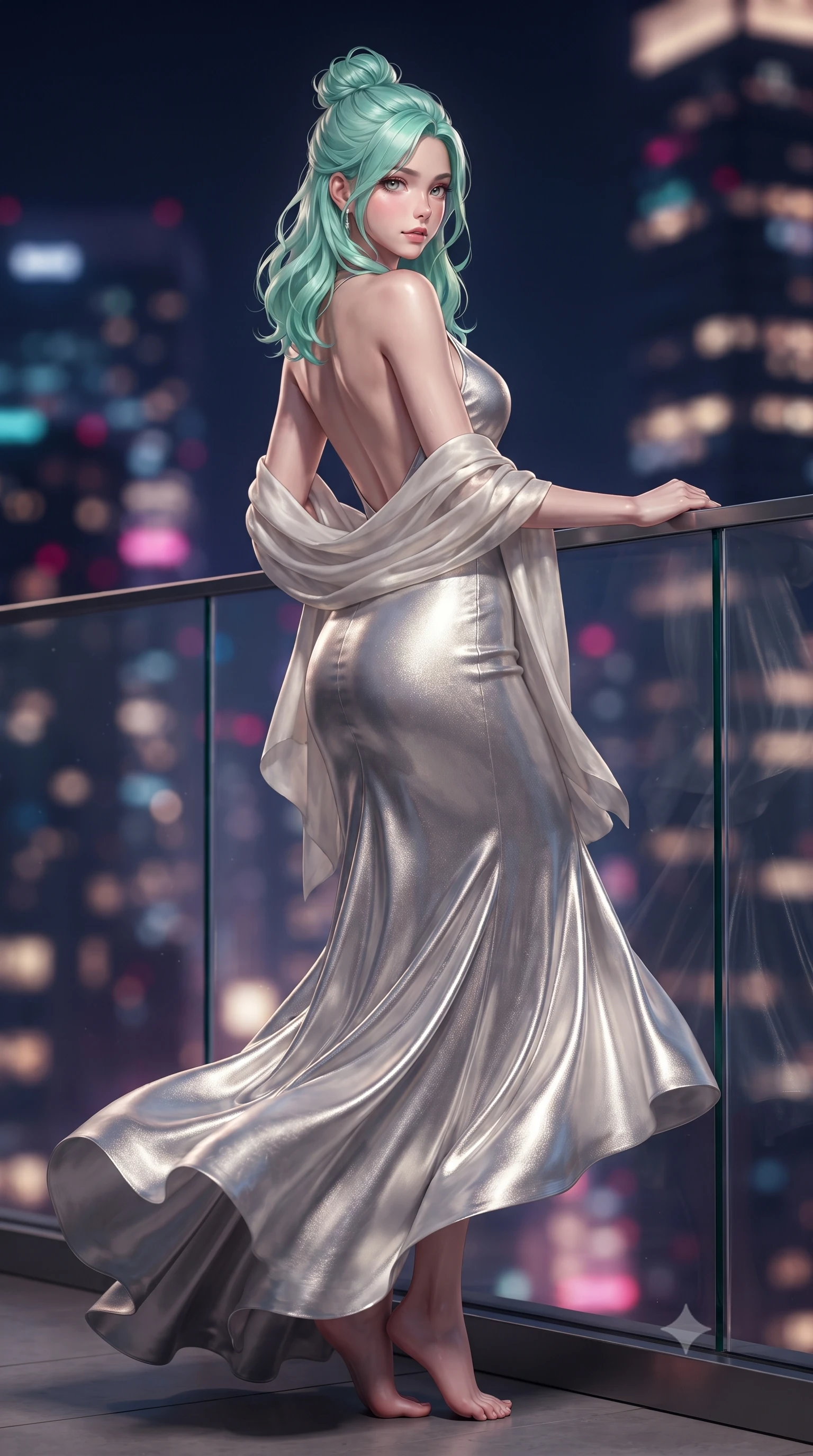 score_9, masterpiece, best quality, ultra-detailed, high-budget anime keyframe, editorial fashion photography, tasteful artistic composition, Japanese woman. low angle full-body shot from head to toe showing her feet, filling the entire 9:16 vertical frame with her statuesque presence, stretching her vertical silhouette. executing an elegant mid-motion pivot turn as garments swirl around her slender limbs, glancing over her shoulder with an intoxicating bedroom-gaze while leaning against the seamless glass balcony barrier overlooking a 360-degree glittering city skyline, hips cocked back in a seductive S-curve as she looks over her shoulder. The composition keeps background elements in soft focus with creamy bokeh. sprawling metropolis skyscraper light grids and starry midnight skies blurred into deep sapphire, magenta, and champagne-gold bokeh. She has an absolutely perfect, statuesque 8.5-heads proportion, an exceptionally tall and slender model-like female figure with impossibly long slender legs, a toned flat midriff, an ultra-slim waist, and beautifully sculpted feminine hips. sharp v-shaped jawline, high-bridge nose, intricate jewel-like eyes with depth, thick eyelashes, glossy parted lips with a natural sheen, intensely captivating and seductive bedroom-eyes expression, flawlessly proportioned anatomical accuracy, strict slender model proportions, natural body alignment, perfectly sculpted long slender limbs, ultra-slim waistline, clean dynamic posture without body distortion. wearing an open-back duchess satin gala gown with a dramatic hip-hugging drape and cascading trailing hem in shimmering silver mercury and pearl white, crafted from luxurious metallic lamé that shifts radiance with every step, finished with a gossamer silk shawl draped loosely over her elbows, the glove-like aerodynamic silhouette tightly following the natural contour of her hips and long slender legs with statuesque precision. surrounded by a cosmopolitan, elite, and intensely magnetic modern royalty aura. ultra-reflective glossy finish, specular highlights, rich textural contrasts, high-contrast stereoscopic depth, volumetric dynamic lighting, 2k, ultra detail, master piece, 9:16 ratio