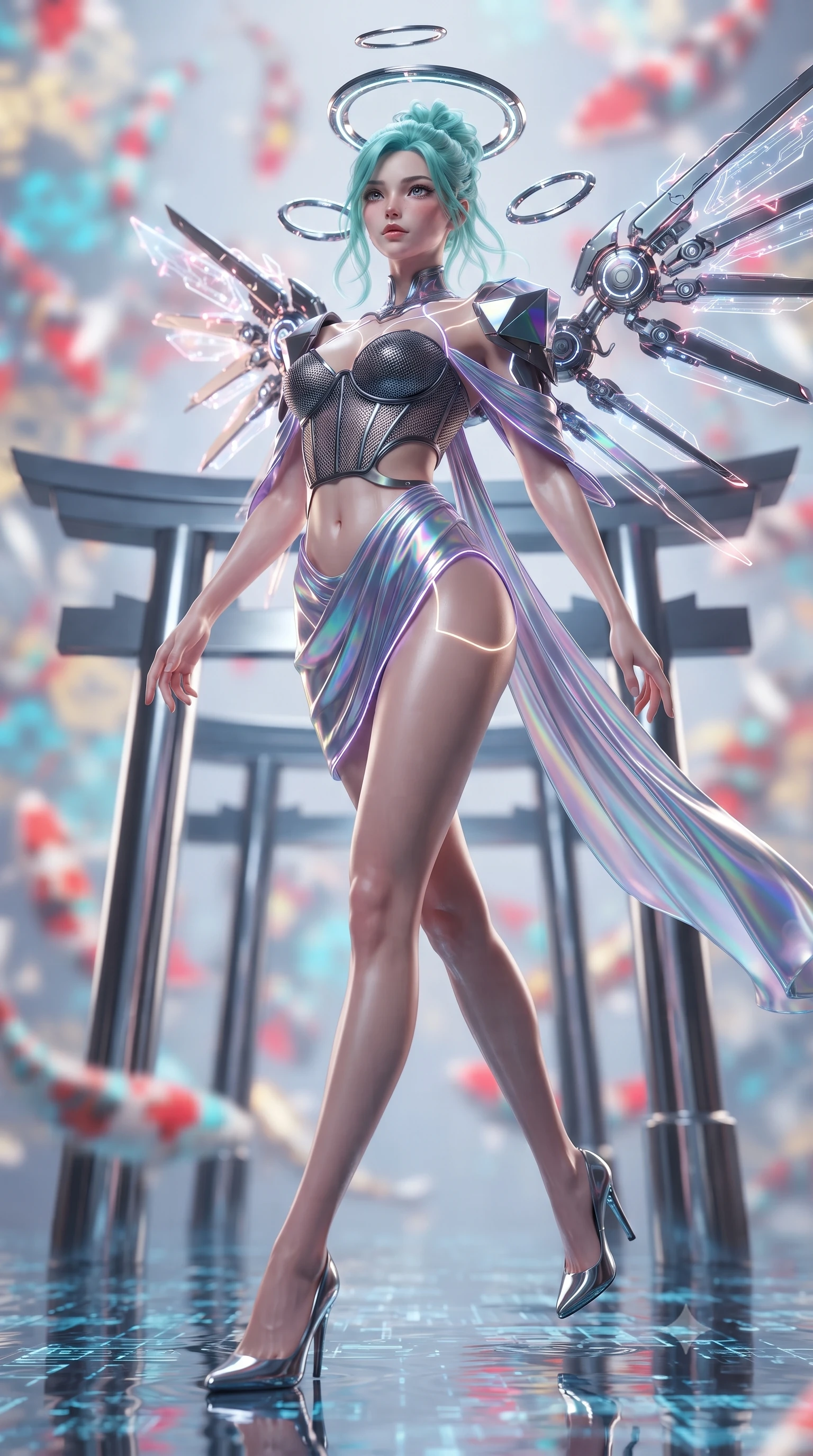 score_9, masterpiece, best quality, ultra-detailed, high-budget anime keyframe, editorial fashion photography, tasteful artistic composition, Japanese woman. low angle full-body shot from head to toe showing her feet, filling the entire 9:16 vertical frame with her statuesque presence, stretching her vertical silhouette. arching her back gracefully in mid-air as glowing mechanical wings and floating cybernetic halos frame her statuesque presence while striding gracefully along a mirrored chrome torii gate arcade suspended above a digital water matrix. The composition keeps background elements in soft focus with creamy bokeh. floating chrome torii gates and swimming holographic koi blurred into vibrant scarlet, cyan, and gold bokeh. She has an absolutely perfect, statuesque 8.5-heads proportion, an exceptionally tall and slender model-like female figure with impossibly long slender legs, a toned flat midriff, and an ultra-slim waist. sharp v-shaped jawline, high-bridge nose, intricate jewel-like eyes with depth, thick eyelashes, glossy lips with a natural sheen, flawlessly proportioned anatomical accuracy, strict slender model proportions, natural body alignment, perfectly sculpted long slender limbs, ultra-slim waistline, clean dynamic posture without body distortion. wearing a structured titanium-mesh bustier with geometric shoulder pauldrons and an ultra-slender liquid jersey drape in iridescent holographic chrome with prism violet highlights, crafted from delicate iridescent organza interwoven with luminescent micro-fibers, accented with glowing fiber-optic seams tracing her collarbones and hip curves, the precision-cut daring openings accentuating her delicate midriff, graceful bare collarbones, and ultra-slim feminine waistline. illuminated by crisp specular highlights tracing her sculpted flat midriff, waist, and long slender legs. ultra-reflective glossy finish, specular highlights, dark metallic sheen, high-contrast stereoscopic depth, volumetric dynamic lighting, 2k, ultra detail, master piece, 9:16 ratio