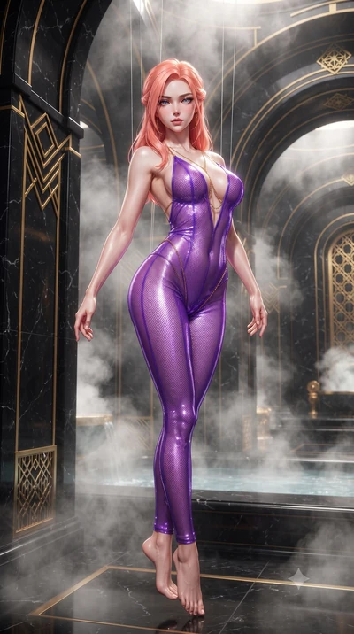 score_9, masterpiece, best quality, ultra-detailed, High-budget Anime Keyframe, editorial fashion photography, tasteful artistic composition, realistic cosplay photography, East Asian woman. Dynamic full-body shot stretching the vertical silhouette t