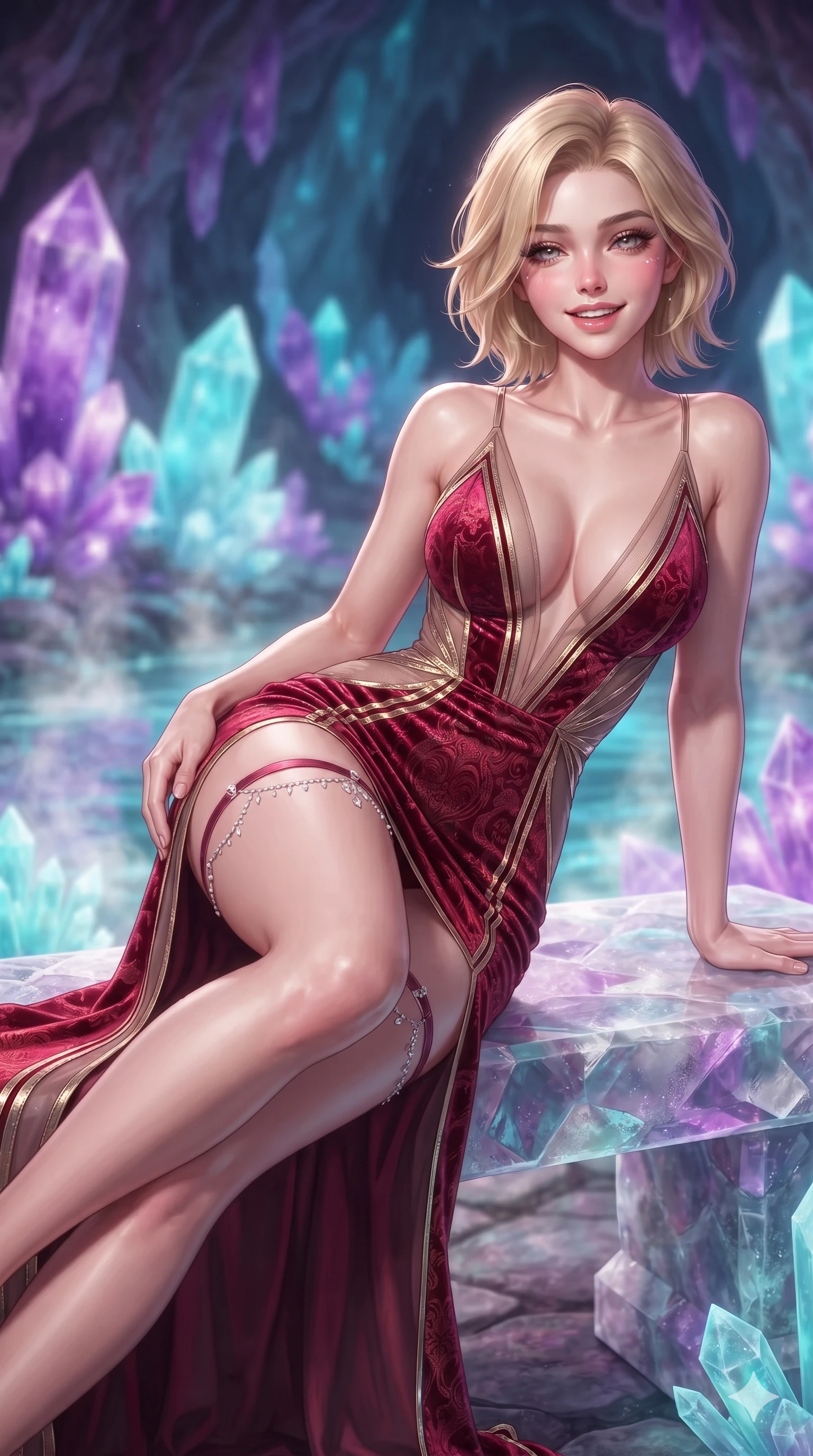 score_9, masterpiece, best quality, ultra-detailed, high-budget anime keyframe, semi-realistic 3D game render, editorial fashion photography, tasteful artistic composition, Caucasian woman. close-up cowboy shot from the waist and thighs up, the character dominates the composition, filling the frame with her large presence. resting one elbow on the table and supporting her chin, leaning close to the camera with heavy-lidded sparkling eyes and parted lips while lounging gracefully across the warm crystalline stone bench propped on one elbow with legs extended, displaying her long slender limbs and statuesque hourglass silhouette. The background shows a soft-focus towering purple amethyst and cyan celestine crystal clusters, phosphorescent water currents, and rising mineral steam blurred into amethyst, neon cyan, and diamond bokeh. She has an exceptionally elegant, slender, and willowy female figure with an ultra-slim waist, flat toned midriff, narrow ribcage, and sculpted feminine hips creating an alluring, slim hourglass silhouette without bulk. sharp v-shaped jawline, high-bridge nose, intricate jewel-like sparkling eyes with depth, thick eyelashes, glossy parted lips with a natural peach sheen, bright cheerful beaming smile with an enchanting and coquettish sensual glint, exuding both youthful cute charm and seductive allure, flawlessly proportioned anatomical accuracy, strict slender model proportions, natural body alignment, perfectly sculpted long slender limbs, ultra-slim waistline, clean dynamic posture without body distortion. wearing a plunge-front sheer illusion tulle slip dress with liquid platinum ribbon stripes hugging her curves in royal opera crimson velvet and burnished gold, woven from structured carbon-fiber jacquard with rich textural depth, finished with delicate crystal-encrusted thigh garter straps glinting in the dim light, the glove-like clinging cut tightly following the natural contour of her hips and long slender legs with youthful 8.5-heads elegance. bathed in the natural phosphorescent glow of ultraviolet and cyan crystals combined with warm mineral pool LEDs. highly saturated vibrant anime colors, detailed shading with soft gradients, rich glossy textures, high-contrast stereoscopic depth, volumetric dynamic lighting, master piece, 9:16 ratio