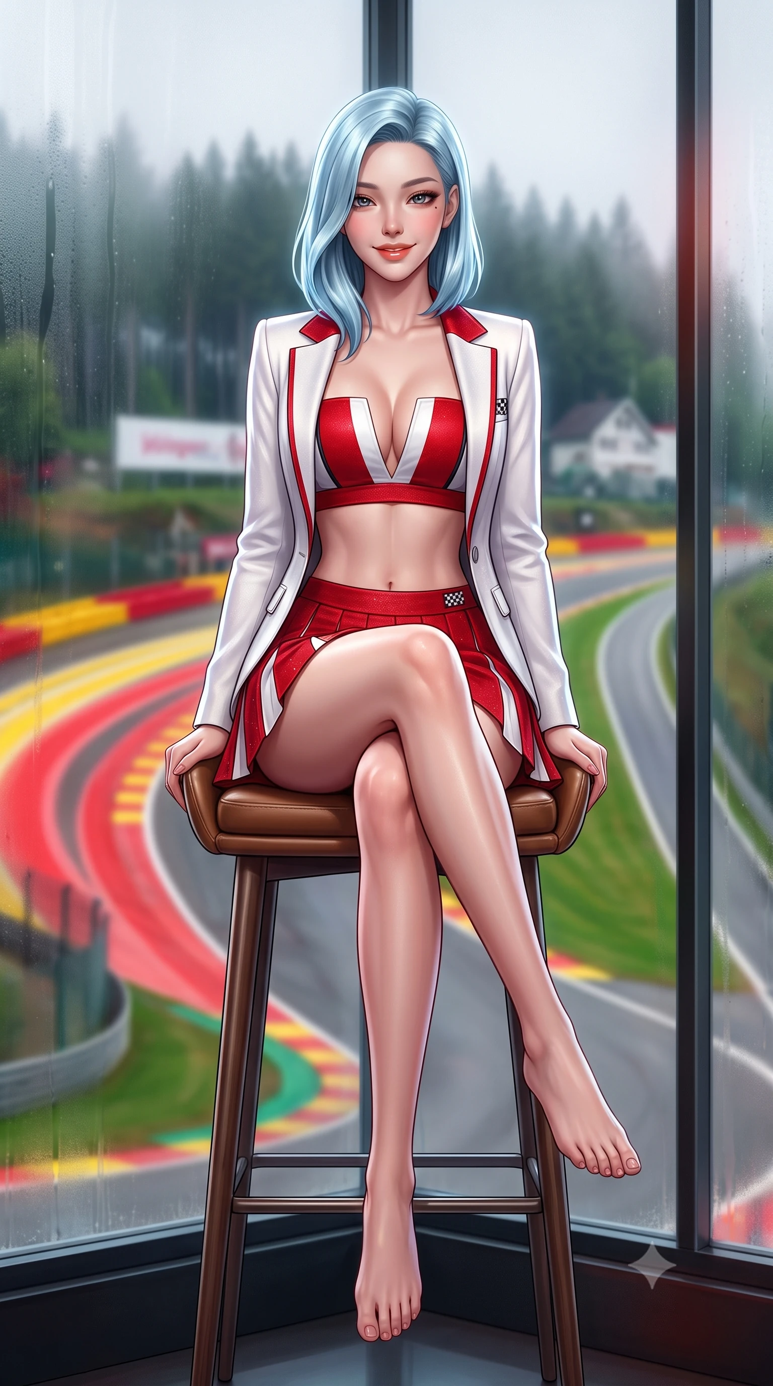 score_9, masterpiece, best quality, ultra-detailed, high-budget anime keyframe, semi-realistic 3D game render, editorial fashion photography, tasteful artistic composition, Korean woman. low angle full-body shot from head to toe showing her feet, filling the entire 9:16 vertical frame with her statuesque presence, stretching her vertical silhouette. sitting perched on the elevated umpire chair with legs crossed and hips angled toward the camera, displaying her toned midriff and long slender limbs with joyful, coquettish charm while lounging in a heated team hospitality booth with one knee drawn up, her sleek racing outfit commanding the misty Belgian forest circuit. The background shows a soft-focus the iconic curving red-and-yellow Eau Rouge curbs and towering pine-covered Ardennes hills blurred into forest green, crimson, and mist bokeh. She has an absolutely perfect, statuesque 8.5-heads proportion, an exceptionally tall and slender model-like female figure with impossibly long slender legs, an ultra-slim waist, a flat toned midriff, narrow delicate ribcage, and beautifully sculpted feminine hips creating a graceful, slim hourglass silhouette without any bulky heaviness. sharp v-shaped jawline, high-bridge nose, sparkling eyes with athletic focus and depth, thick curled eyelashes, glossy parted lips with a natural coral-peach sheen, bright confident and coquettish smile with alluring bedroom-eyes, exuding both youthful sporty vigor and sovereign high-society glamour, flawlessly proportioned anatomical accuracy, strict slender model proportions, natural body alignment, perfectly sculpted long slender limbs, ultra-slim waistline, clean dynamic posture without body distortion. wearing a tailored white blazer worn open over a plunging racing bandeau top and pleated tennis micro-skirt in Scuderia racing red and pure alabaster white, woven from metallic lurex and technical nylon with subtle starlight glints, finished with contrasting racing stripe tape and subtle checkered flag embroidery, the glove-like aerodynamic silhouette tightly following the natural contour of her hips and long slender legs with youthful 8.5-heads elegance. illuminated by track reflections and sharp crystalline rim lights carving her razor-sharp jawline, narrow waist, and curvy hips. highly saturated vibrant anime colors, detailed shading with soft gradients, rich glossy textures, high-contrast stereoscopic depth, volumetric dynamic lighting, master piece, 9:16 ratio
