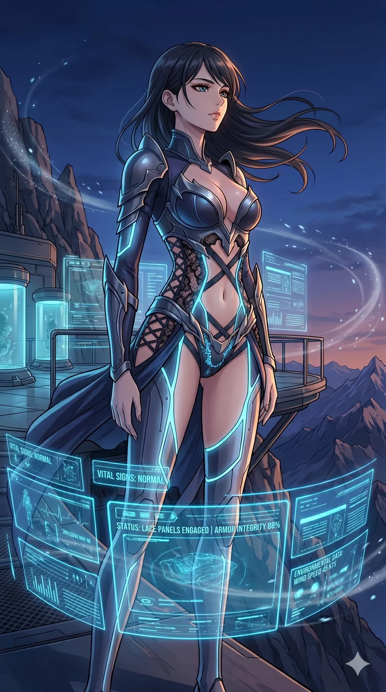 score_9, masterpiece, best quality, ultra-detailed, High-budget Anime Keyframe, vibrant colors, fluid line-art, expressive lighting, cinematic composition, Ufotable-style visual effects, top-tier animation quality, Japanese woman with delicate and elegant anime-inspired features. Dramatic low angle looking up at her majestic stature, dominating the vertical space of the composition. Listening to the ancient whispers of the wind on a high mountain peak, her hair and outfit flowing in the breeze. She has an absolutely perfect 8-heads proportion, an exceptionally tall and slender female figure with impossibly long slender legs and an ultra-slim waist, her statuesque height and towering silhouette dominating the vertical 9:16 frame. Her face is a masterpiece featuring a sharp v-shaped jawline, high-bridge nose, intricate jewel-like eyes with depth, thick eyelashes, and glossy lips with a natural sheen. She is wearing a Metallic armor-bikini with sharp, aggressive edges and integrated energy-shield generators crafted from Bioluminescent silk that emits a soft, ethereal glow from within the fabric, featuring a deep plunging neckline and delicate lace-up side details. The scene is set in a high-tech research laboratory with glowing glass tanks and complex holographic interfaces, illuminated by cinematic lighting with dramatic rim light that highlights her slender silhouette. 2k, ultra detail, master piece, 9:16 ratio