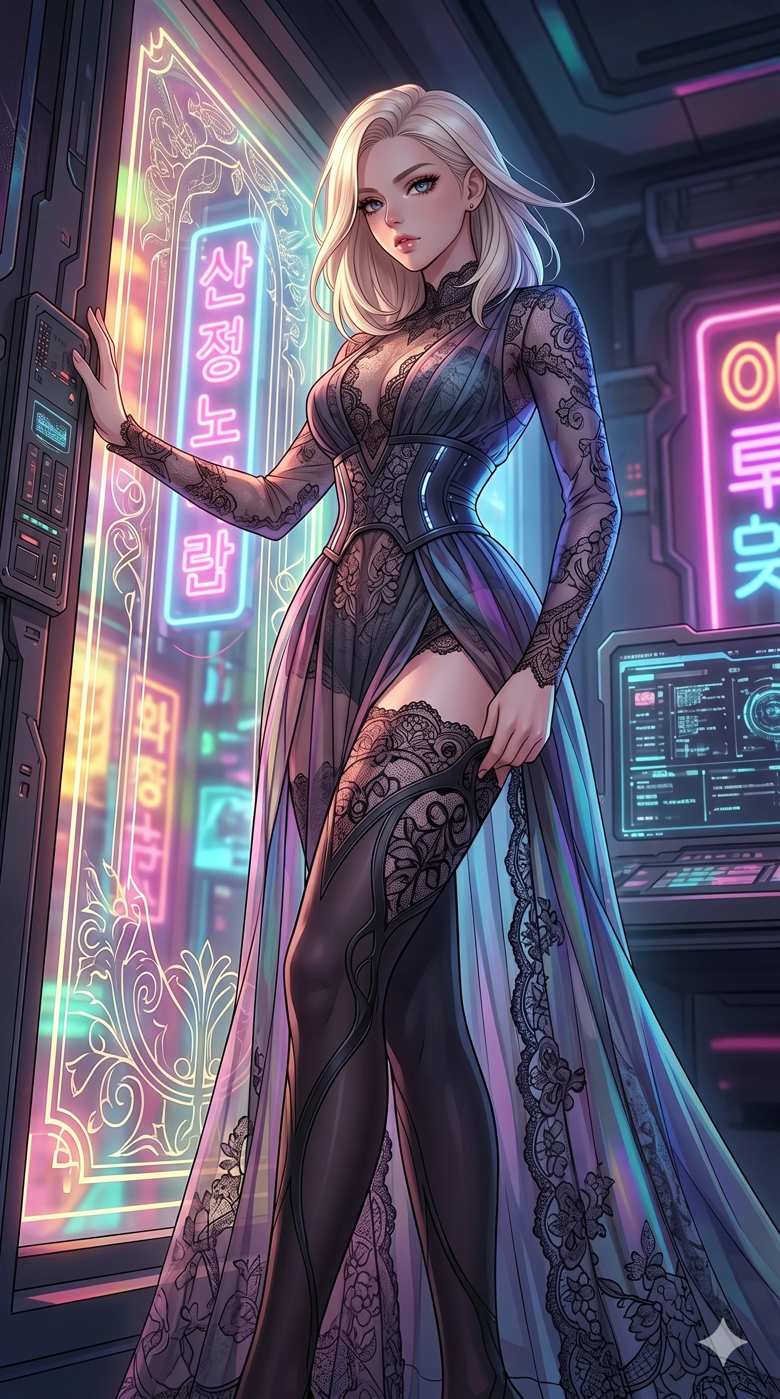 score_9, masterpiece, best quality, ultra-detailed, High-budget Anime Keyframe, East Asian woman. Low angle cowboy shot filling the entire 9:16 frame with her statuesque presence. Scenario 77: Adjusting her sculptural over-the-knee stocking by a glowing neon window. Her presence is magnetic and overpowering in this high-budget anime scene. Outfit 77: A delicate technical lace long with a artistic translucent overlays and delicate lace embroidery. The clothing is designed to emphasize her exceptionally tall and slender 8-heads proportion. 8-heads proportion, towering silhouette, ultra-slim waist. sharp v-shaped jawline, intricate jewel-like eyes with depth, thick eyelashes, glossy lips. 2k, ultra detail, master piece, 9:16 ratio