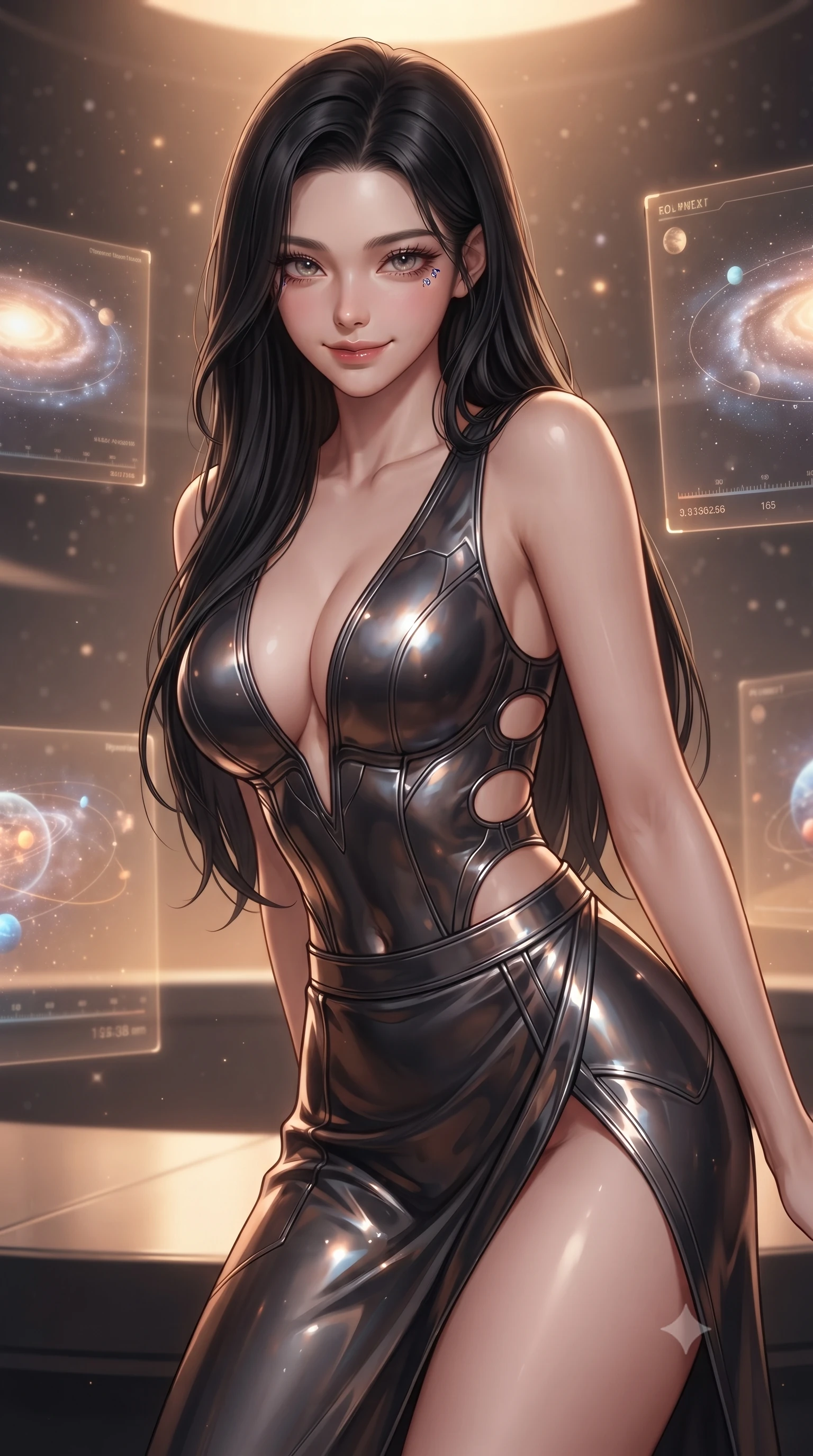 score_9, masterpiece, best quality, ultra-detailed, high-budget anime keyframe, editorial fashion photography, tasteful artistic composition, Korean woman. close-up cowboy shot from the waist and thighs up, the character dominates the composition, filling the frame with her large presence, background elements kept in soft focus. leaning slightly forward with a playful, teasing smile, her gaze locked onto the viewer with lips parted in a composed pose, the background shows a soft-focus a planetarium lounge with floating holograms showing glowing galaxy maps. She has an exceptionally elegant, slender, and willowy female figure with an ultra-slim waist, a gracefully sculpted slender torso, and a refined silhouette. sharp v-shaped jawline, high-bridge nose, intricate jewel-like eyes with depth, thick eyelashes, glossy lips with a natural sheen. wearing a body-hugging deep plunging-V neck bodycon armor top, featuring keyhole cutouts along the ribs and a thigh-slit wrap skirt. soft starlight and the warm amber glow of planetary coordinate holograms. ultra-reflective glossy finish, specular highlights, metallic sheen, high-contrast stereoscopic depth, volumetric dynamic lighting, 2k, ultra detail, master piece, 9:16 ratio