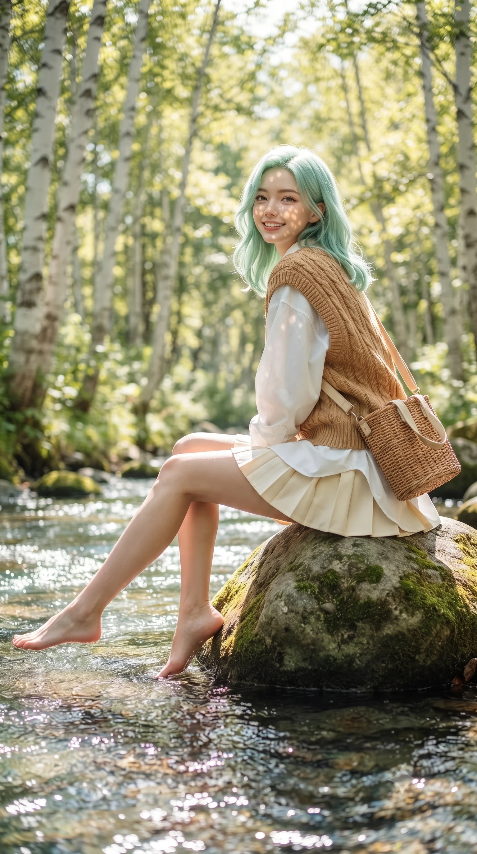score_9, masterpiece, best quality, ultra-detailed, high-budget anime keyframe, editorial fashion photography, tasteful artistic composition, Japanese woman. low angle full-body shot from head to toe showing her feet, filling the entire 9:16 vertical frame with her statuesque presence, stretching her vertical silhouette. performing a cheerful mid-motion turn with effortless poise, her skirt fluttering softly as she smiles into the camera while sitting on a smooth river stone dangling her bare feet near the sparkling water, smiling sweetly into the lens. The composition keeps background elements in soft focus with creamy bokeh. slender white birch tree trunks and sunlit green forest canopies blurred into dreamy emerald and golden bokeh. She has an absolutely perfect, statuesque 8.5-heads proportion, an exceptionally tall and slender model-like female figure with impossibly long slender legs, a toned flat midriff, and an ultra-slim waist. sharp v-shaped jawline, high-bridge nose, intricate jewel-like eyes with depth, thick eyelashes, glossy lips with a natural sheen, pure and lovely fresh girlhood expression, flawlessly proportioned anatomical accuracy, strict slender model proportions, natural body alignment, perfectly sculpted long slender limbs, ultra-slim waistline, clean dynamic posture without body distortion. wearing a cozy cable-knit sweater vest layered over an oversized crisp white shirt and a pleated tennis skirt in warm caramel and cream vanilla, knitted from ultra-soft cozy baby-cashmere yarn, accessorized with a rustic woven wicker bag and canvas strap, the body-hugging lightweight knit clinging delicately to her slender torso, accentuating her graceful neck and feminine lines. illuminated by soft natural dappled forest light creating playful sun patterns across her face and dress. ultra-reflective glossy finish, specular highlights, rich natural textures, high-contrast stereoscopic depth, volumetric dynamic lighting, 2k, ultra detail, master piece, 9:16 ratio