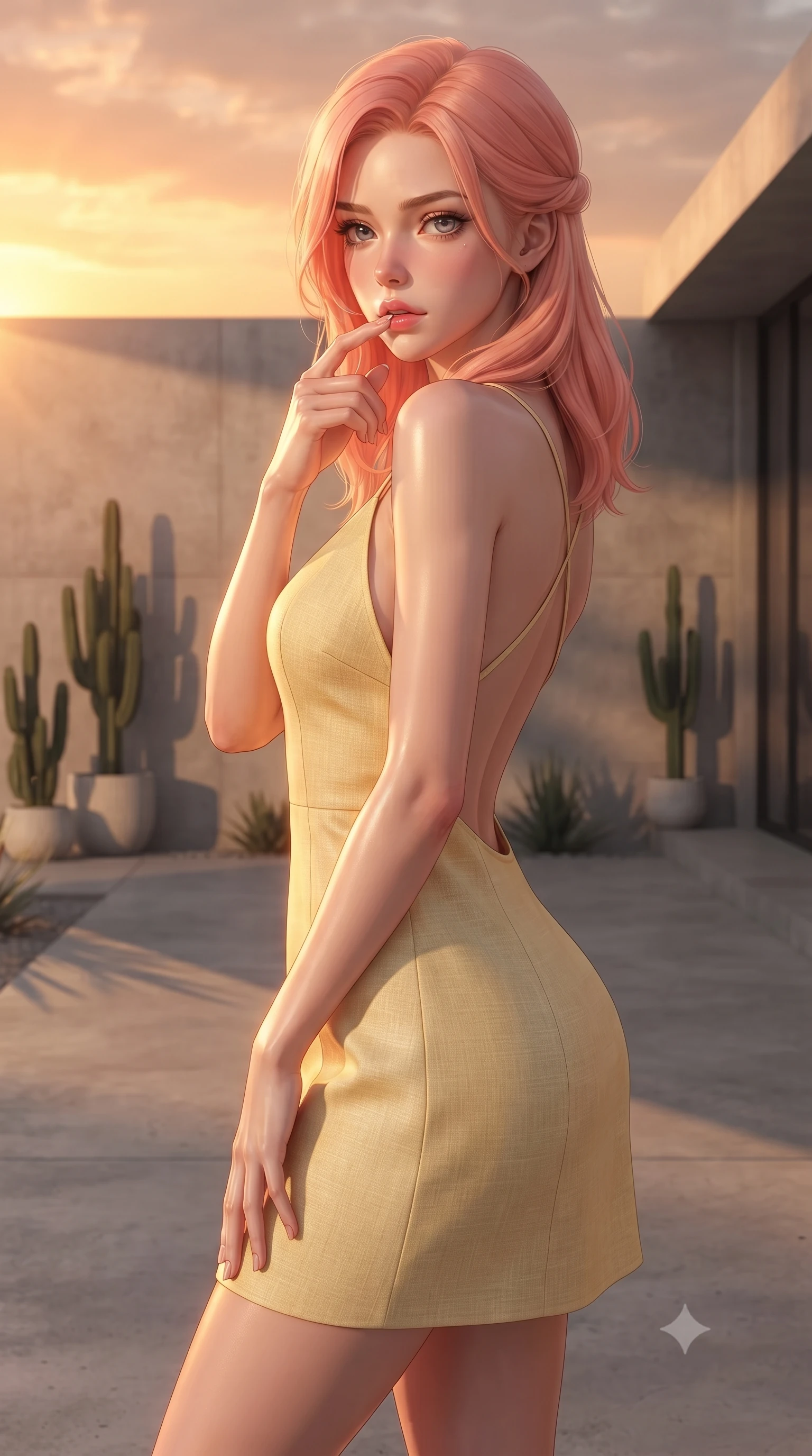 score_9, masterpiece, best quality, ultra-detailed, high-budget anime keyframe, editorial fashion photography, tasteful artistic composition, Japanese woman woman. close-up cowboy shot from the waist and thighs up, the character dominates the composition, filling the frame with her large presence, background elements kept in soft focus. pressing one finger to her bottom lip in a thoughtful, seductive gesture under the warm sun the background shows a soft-focus a patio of a modern concrete villa, with minimalist cacti and sand landscaping. She has an exceptionally elegant, slender, and willowy female figure with an ultra-slim waist, a gracefully sculpted slender torso, and a refined silhouette. sharp v-shaped jawline, high-bridge nose, intricate jewel-like eyes with depth, thick eyelashes, glossy lips with a natural sheen. wearing a tailored backless summer sundress in pale yellow linen, showing her elegant shoulder blades. the dramatic orange glow of a sunset casting long cactus shadows. ultra-reflective glossy finish, specular highlights, metallic sheen, high-contrast stereoscopic depth, volumetric dynamic lighting, 2k, ultra detail, master piece, 9:16 ratio