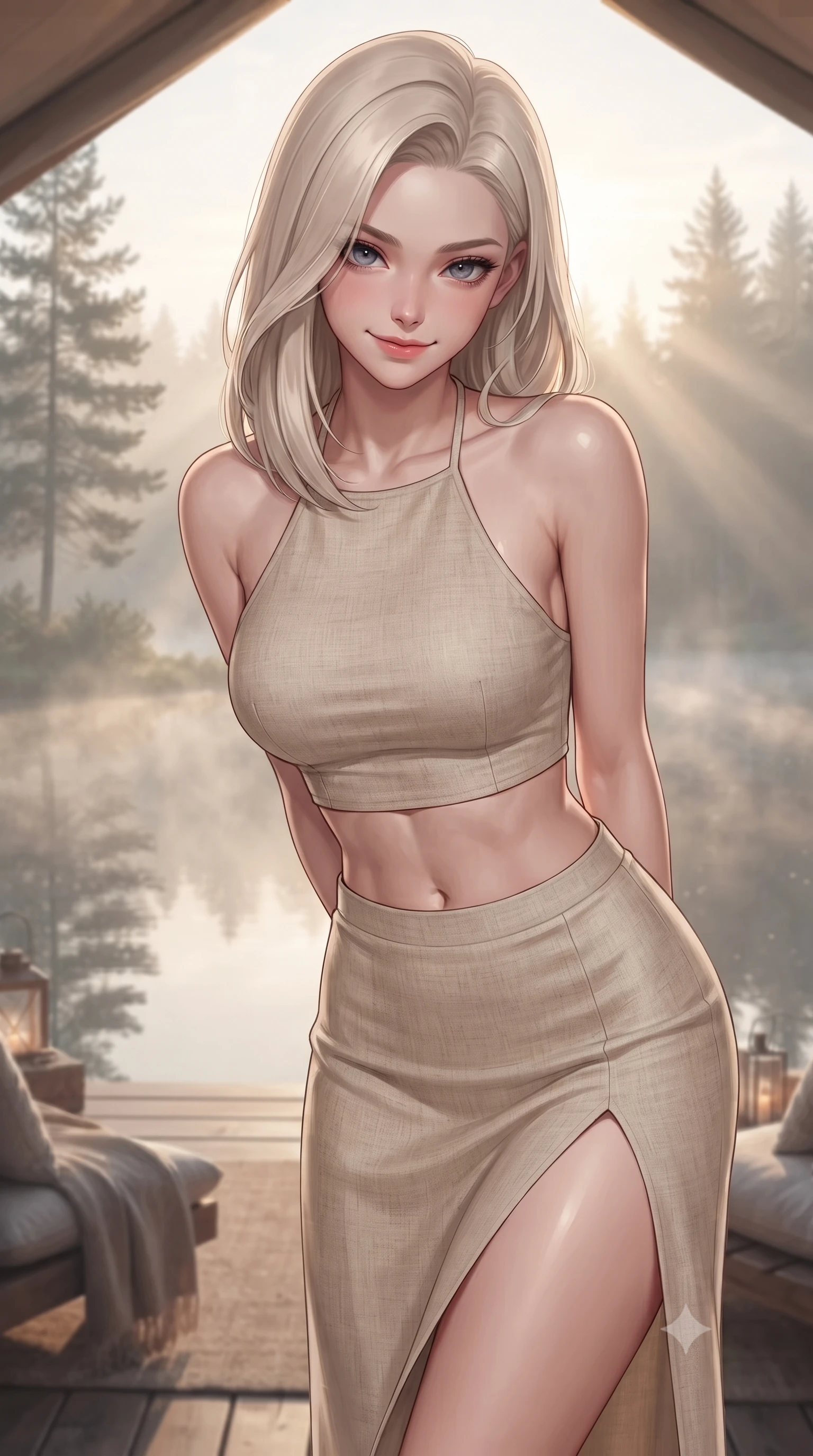 score_9, masterpiece, best quality, ultra-detailed, high-budget anime keyframe, editorial fashion photography, tasteful artistic composition, Caucasian woman. close-up cowboy shot from the waist and thighs up, the character dominates the composition, filling the frame with her large presence, background elements kept in soft focus. leaning slightly forward with a playful, teasing smile, her gaze locked onto the viewer the background shows a soft-focus a glamping veranda overlooking a misty lake at dawn with pine trees in soft focus. She has an exceptionally elegant, slender, and willowy female figure with an ultra-slim waist, a gracefully sculpted slender torso, and a refined silhouette. sharp v-shaped jawline, high-bridge nose, intricate jewel-like eyes with depth, thick eyelashes, glossy lips with a natural sheen. wearing a body-hugging linen halter-neck crop top paired with a matching high-slit midi skirt, revealing a sculpted midriff. soft morning mist diffusing the warm sunbeams, creating a tranquil atmosphere. ultra-reflective glossy finish, specular highlights, metallic sheen, high-contrast stereoscopic depth, volumetric dynamic lighting, 2k, ultra detail, master piece, 9:16 ratio
