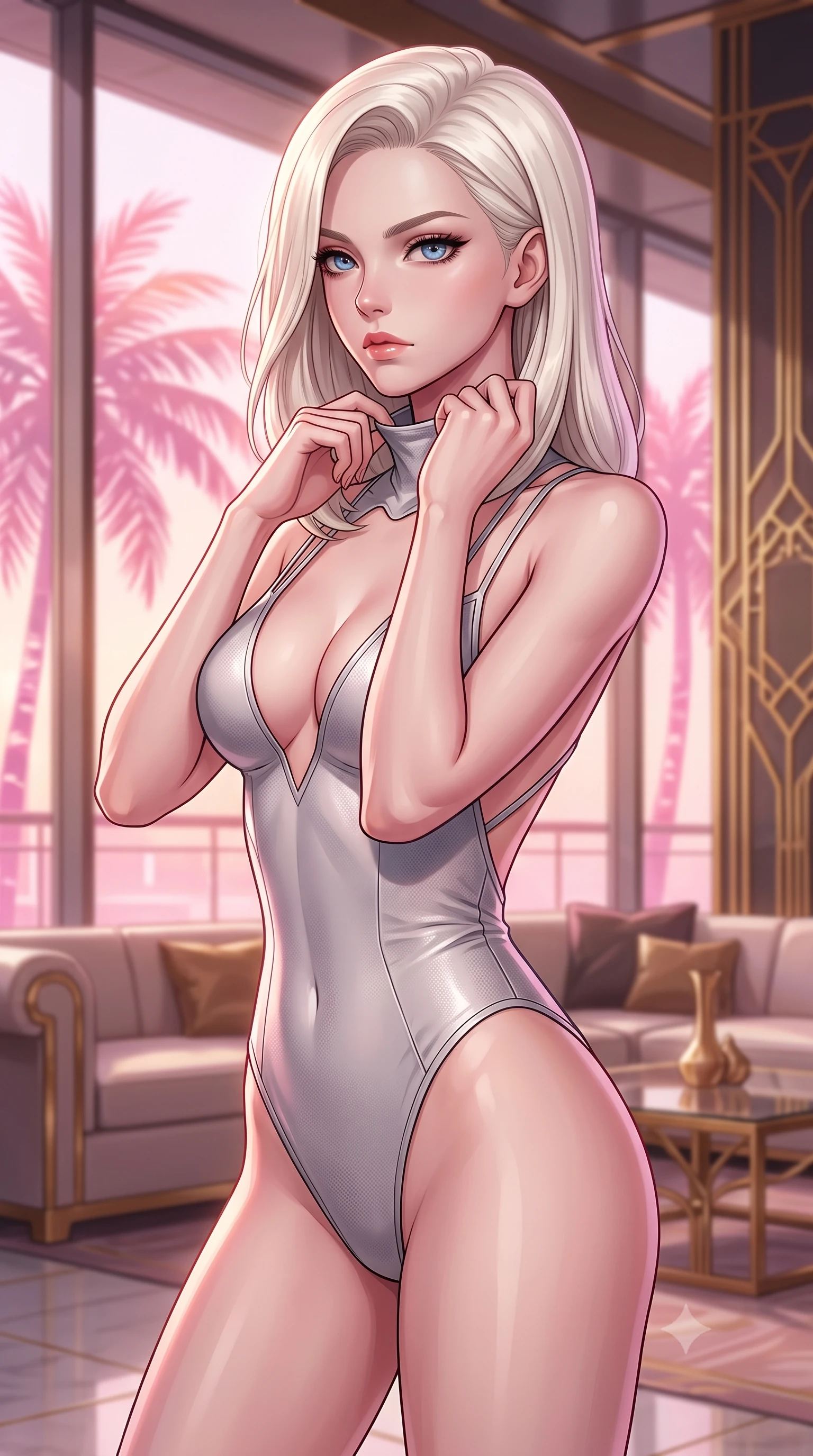 score_9, masterpiece, best quality, ultra-detailed, high-budget anime keyframe, editorial fashion photography, tasteful artistic composition, Caucasian woman. close-up cowboy shot from the waist and thighs up, the character dominates the composition, filling the frame with her large presence, background elements kept in soft focus. adjusting the high collar of her body-hugging suit, looking past the camera with quiet, sharp focus and a composed expression, the background shows a soft-focus a luxury lounge with floor-to-ceiling windows and gold-plated details. She has an exceptionally elegant, slender, and willowy female figure with an ultra-slim waist, a gracefully sculpted slender torso, and a refined silhouette. sharp v-shaped jawline, high-bridge nose, intricate jewel-like eyes with depth, thick eyelashes, glossy lips with a natural sheen. wearing a tailored low-cut cybernetic bodysuit with open-back design and thin structural straps crossing her bare shoulder blades. pink holographic palm trees casting a soft, warm glow over the lounge. highly saturated vibrant anime colors, detailed shading with soft gradients, rich glossy textures, high-contrast stereoscopic depth, volumetric dynamic lighting, master piece, 9:16 ratio