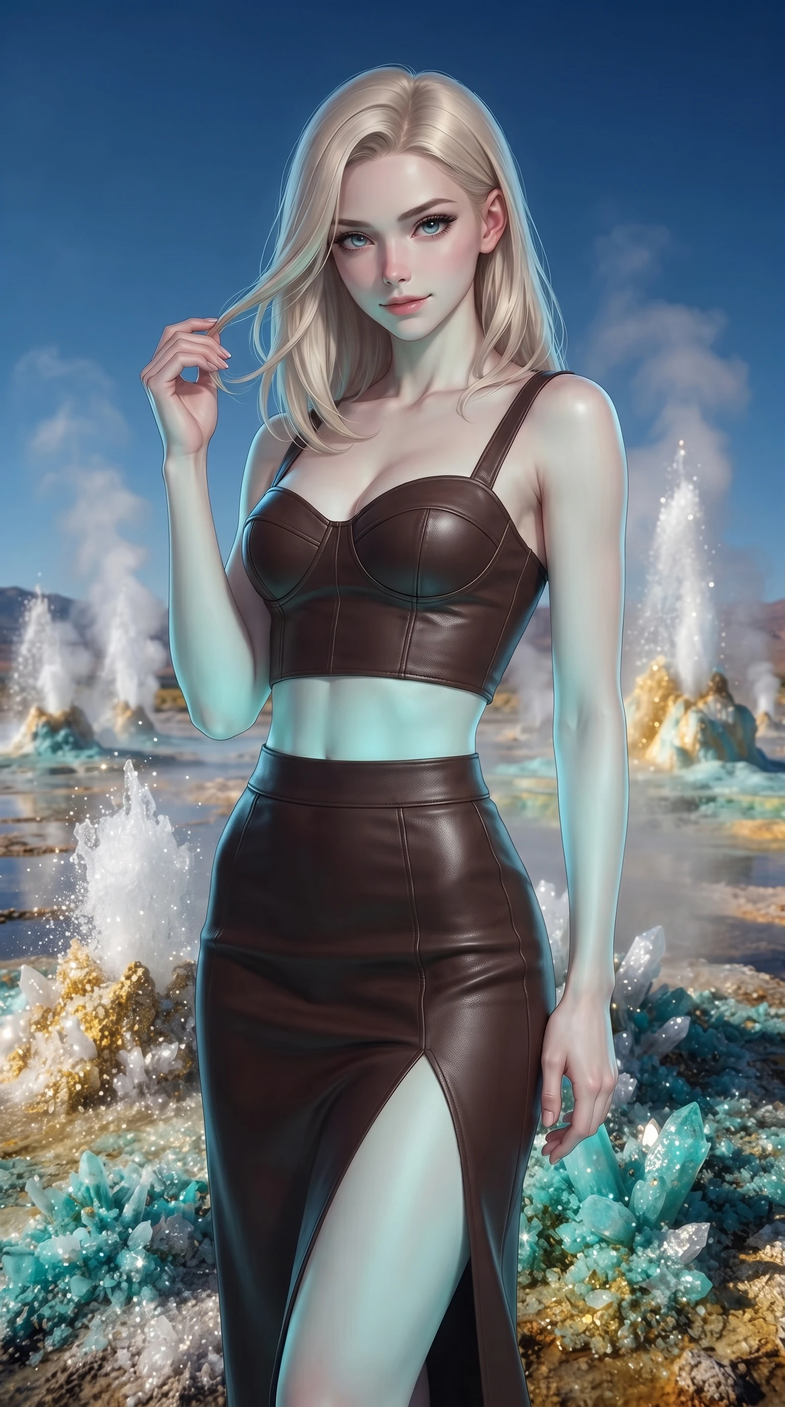 score_9, masterpiece, best quality, ultra-detailed, high-budget anime keyframe, editorial fashion photography, tasteful artistic composition, Caucasian woman, strictly human ears. close-up cowboy shot from the waist and thighs up, the character dominates the composition, filling the frame with her large presence, background elements kept in soft focus. Gently brushing hair from her face with an enigmatic half-smile. set against a soft-focus background of a field of active geysers erupting in synchronized bursts surrounded by deposits of mineral crystals in brilliant white sulfur gold and robin's-egg turquoise with steam columns rising into a clear blue sky. She has an exceptionally elegant and slender, willowy female figure with an ultra-slim waist, a gracefully sculpted slender torso, and a refined slim physique. sharp v-shaped jawline, high-bridge nose, intricate jewel-like eyes with depth, thick eyelashes, glossy lips with a natural sheen. wearing a fitted bustier top in dark chocolate brown leather, paired with a matching high-waisted midi skirt with a high side slit. soft aqua bioluminescent light making her skin luminously glow against darkness. 2k, ultra detail, master piece, 9:16 ratio