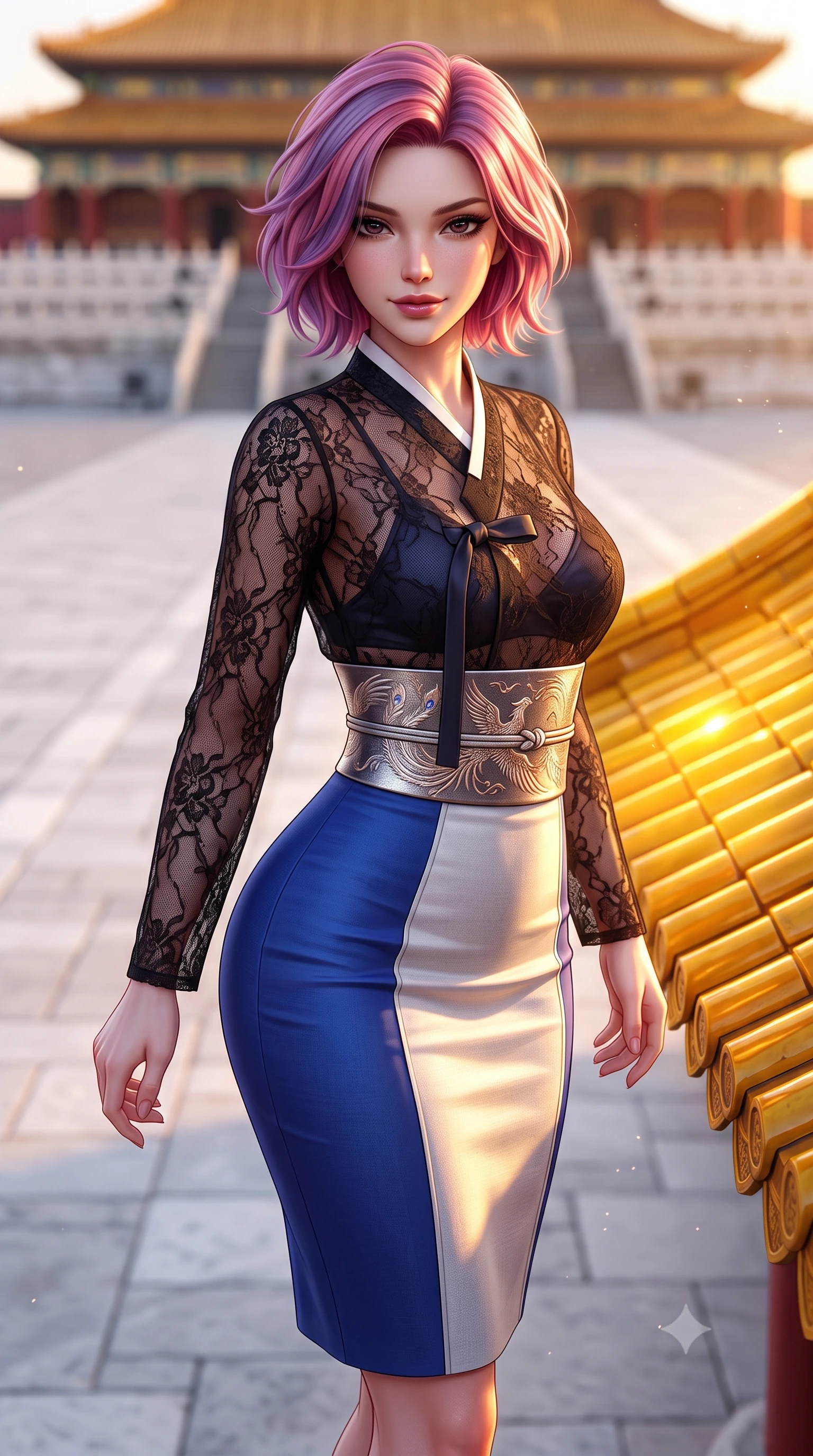 score_9, masterpiece, best quality, ultra-detailed, high-budget anime keyframe, semi-realistic 3D game render, editorial fashion photography, tasteful artistic composition, Caucasian woman. close-up cowboy shot from the waist and thighs up, the character dominates the composition, filling the frame with her large presence. turning slowly with a smoldering smile, her glossy dark hair tossing in the evening breeze as her hips angle gracefully in a captivating contrapposto while twisting her slender torso in an alluring contrapposto stance, twilight golden rays reflecting off imperial yellow glazed roof tiles onto her curves. The background shows a soft-focus the vast paved white marble courtyard softened in majestic imperial Beijing shallow focus. She has an exceptionally elegant, slender, and willowy female figure with an ultra-slim waist, flat toned midriff, narrow ribcage, and sculpted feminine hips creating an alluring, slim hourglass silhouette without bulk. sharp v-shaped jawline, high-bridge nose, intricate jewel-like dark sparkling almond eyes with depth, thick lashes, glossy parted lips with a natural rose-plum sheen, bright alluring and coquettish smile with bedroom-eyes, exuding both timeless oriental elegance and sovereign high-fashion allure, flawlessly proportioned anatomical accuracy, strict slender model proportions, natural body alignment, perfectly sculpted long slender limbs, ultra-slim waistline, clean dynamic posture without body distortion. wearing a sheer black lace jeogori worn over an opaque dark silk bralette with an ultra-fitted high-waisted pencil skirt in royal cobalt blue and starlight platinum, tailored from fine crisp cotton-linen with clean structural lines, finished with a wide metallic obi sash with intricate embroidered phoenix motifs, the liquid-tight tailored silk fabric clinging flawlessly to her narrow waist and rounded feminine hips, emphasizing every millimeter of her sculpted slim hourglass curves without any bulky heaviness. bathed in dramatic twilight golden hour light streaming horizontally across the vast marble plaza. highly saturated vibrant anime colors, detailed shading with soft gradients, rich glossy textures, high-contrast stereoscopic depth, volumetric dynamic lighting, master piece, 9:16 ratio