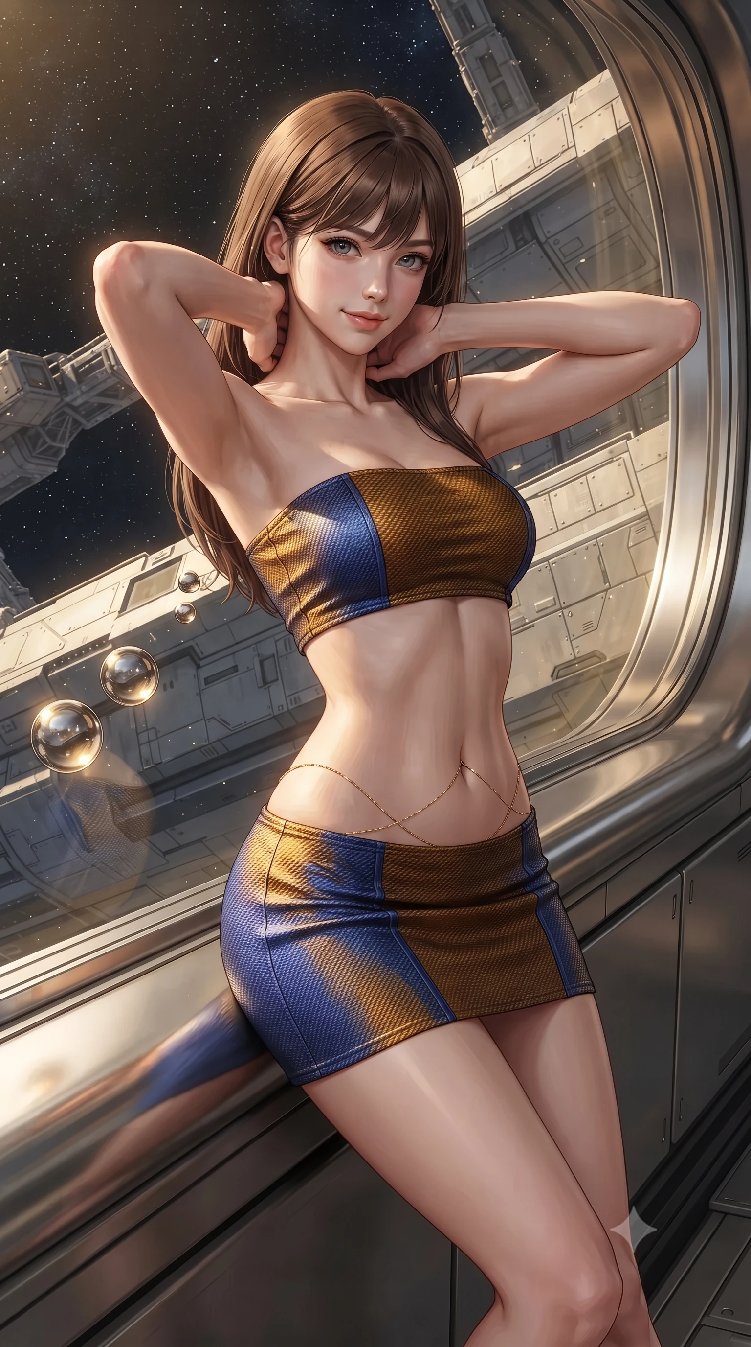 score_9, masterpiece, best quality, ultra-detailed, high-budget anime keyframe, editorial fashion photography, tasteful artistic composition, Korean woman. close-up cowboy shot from the waist and thighs up, the character dominates the composition, filling the frame with her large presence. resting both hands lightly behind her neck with elbows raised, arching her spine to highlight her narrow waist, flat midriff, and breathtaking collarbones while leaning against the curved titanium observation sill with hips cocked back, watching floating zero-gravity liquid mercury spheres with smoldering bedroom-eyes. The surrounding environment is rendered in vivid detail and crisp panoramic clarity: detailed haute-couture texture, sleek metallic sheen, and colossal deep-space engineering in razor-sharp precision. She has an exceptionally elegant, slender, and willowy female figure with an ultra-slim waist, flat toned midriff, narrow ribcage, and sculpted feminine hips creating an alluring, slim hourglass silhouette without bulk. sharp v-shaped jawline, high-bridge nose, intricate jewel-like sparkling eyes with depth, thick eyelashes, glossy parted lips with a natural peach sheen, bright cheerful beaming smile with an enchanting and coquettish sensual glint, exuding both youthful cute charm and seductive allure, flawlessly proportioned anatomical accuracy, strict slender model proportions, natural body alignment, perfectly sculpted long slender limbs, ultra-slim waistline, clean dynamic posture without body distortion. wearing an ultra-cropped tech-wear bandeau top paired with a micro mini skirt revealing her flat toned midriff in Jovian amber and electric storm cobalt, woven from structured carbon-fiber jacquard with rich textural depth, accented with a dainty gold belly chain resting across her flat midriff and curving hips, the form-contouring silhouette accentuating her sculpted flat midriff, narrow delicate ribcage, and gracefully curvy hips with intoxicating allure. bathed in the blinding warm golden 4000K solar radiance filtered through polarizing quantum smart-glass. ultra-reflective glossy finish, specular highlights, rich textural contrasts, high-contrast stereoscopic depth, volumetric dynamic lighting, 2k, ultra detail, master piece, 9:16 ratio