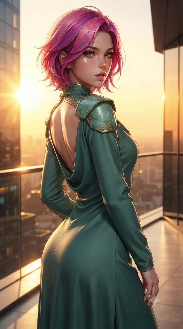 score_9, masterpiece, best quality, ultra-detailed, high-budget anime keyframe, editorial fashion photography, tasteful artistic composition, Caucasian woman. close-up cowboy shot from the waist and thighs up, the character dominates the composition, filling the frame with her large presence. posing in an alluring rear three-quarter angle, looking over a bare shoulder with parted glossy lips, her hips cocked back to highlight her slim hourglass curve while twisting her slender torso in an alluring S-curve, intense golden sunlight and evening city neon painting sharp highlights along her flat midriff and hourglass curves. The surrounding environment is rendered in vivid detail and crisp panoramic clarity: detailed semi-translucent wrap dress tailoring, fine metallic embroidery, and high-altitude luxury architecture in razor-sharp precision. She has an exceptionally elegant, slender, and willowy female figure with an ultra-slim waist, flat toned midriff, narrow ribcage, and sculpted feminine hips creating an alluring, slim hourglass silhouette without bulk. sharp v-shaped jawline, high-bridge nose, intricate jewel-like sparkling eyes with depth, thick eyelashes, glossy parted lips with a natural sheen, intensely captivating and seductive bedroom-eyes expression, exuding both youthful cute charm and sovereign luxury allure, flawlessly proportioned anatomical accuracy, strict slender model proportions, natural body alignment, perfectly sculpted long slender limbs, ultra-slim waistline, clean dynamic posture without body distortion. wearing a refined long-sleeve cowl-neck silk georgette diplomatic gown with structured geometric shoulder plates in celadon jade and antique gold-leaf, tailored from heavy double-faced silk georgette with an exceptionally fluid drape, finished with sleek jade frog closures glinting along her high collar, the bespoke structured tailoring following the natural line of her 8.5-heads silhouette with refined elegance. illuminated by deck surface bounce and intense golden-crimson rim lights sculpting her razor-sharp jawline, narrow waist, and curvy hips. ultra-reflective glossy finish, specular highlights, rich textural contrasts, high-contrast stereoscopic depth, volumetric dynamic lighting, 2k, ultra detail, master piece, 9:16 ratio