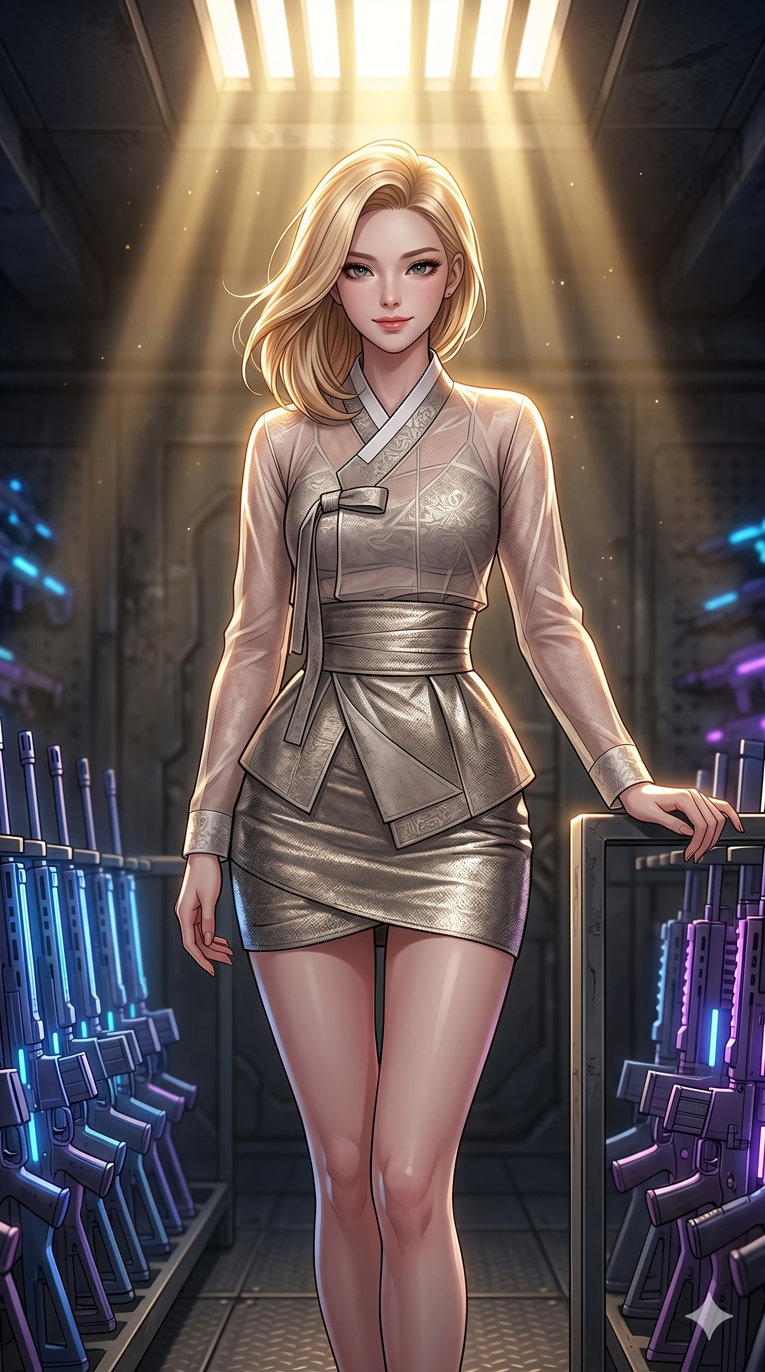 score_9, masterpiece, best quality, ultra-detailed, high-budget anime keyframe, editorial fashion photography, tasteful artistic composition, Korean woman. cowboy shot from the thighs up, character and outfit filling the frame for maximum editorial presence. Smiling with quiet, magnetic self-assurance, her gaze holding the viewer in place inside a tech-fantasy armory with rows of glowing laser rifles on metal racks. She has an absolutely perfect 8-heads proportion, an exceptionally tall and slender female figure with impossibly long slender legs and an ultra-slim waist. V-shaped jawline, high-bridge nose, intricate jewel-like eyes with depth, thick eyelashes, glossy lips with a natural sheen. wearing a modern traditional fusion wrap top in sheer-mesh overlay paired with metallic high-waist shorts. drenched in cinematic god-ray sunlight descending from above, illuminating her form with bright highlights. 2k, ultra detail, master piece, 9:16 ratio