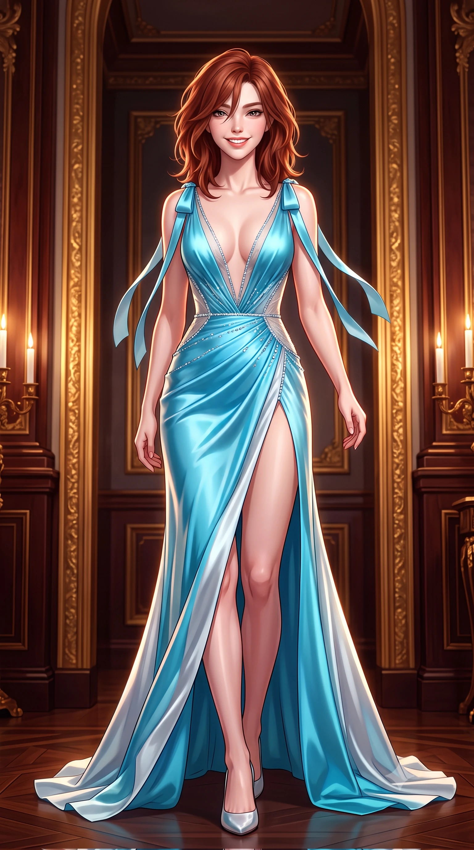score_9, masterpiece, best quality, ultra-detailed, high-budget anime keyframe, semi-realistic 3D game render, editorial fashion photography, tasteful artistic composition, Korean woman. low angle full-body shot from head to toe showing her feet, filling the entire 9:16 vertical frame with her statuesque presence, stretching her vertical silhouette. stepping slowly toward the camera with hypnotic grace, hips swaying in an alluring sensual rhythm that accentuates her curvy hourglass silhouette and long slender legs while standing poised between monumental gilded wall panels, arching her lower back with sovereign supermodel poise as candlelight reflects on polished mahogany. The surrounding environment is rendered in vivid detail and crisp panoramic clarity: detailed form-contouring sheer gossamer silk slip dress, side lace-up corset ties, and historic British craft in razor-sharp precision. She has an exceptionally tall and slender model-like 8.5-heads proportion, an ultra-slim waist, a flat toned midriff, narrow delicate ribcage, and beautifully sculpted feminine hips creating a graceful, slim hourglass silhouette without any bulky heaviness, with impossibly long slender legs. sharp v-shaped jawline, high-bridge nose, intricate jewel-like sparkling eyes with depth, thick eyelashes, glossy parted lips with a natural peach sheen, bright cheerful beaming smile with an enchanting and coquettish sensual glint, exuding both youthful cute charm and seductive allure, flawlessly proportioned anatomical accuracy, strict slender model proportions, natural body alignment, perfectly sculpted long slender limbs, ultra-slim waistline, clean dynamic posture without body distortion. wearing a plunge-front sheer mesh cocktail gown with delicate crystal beading and an ultra-daring hip-high leg slit in Capri Grotta cyan and radiant moonlit silver, crafted from fluid liquid silk satin that clings smoothly to her narrow waist and rounded hips with a dewy sheen, finished with satin ribbon ties at the shoulders fluttering in the gentle breeze, the high-slit wrap tailoring accentuating her ultra-slim waistline and the enchanting curve of her feminine hips with alluring seductive charm. illuminated by dark wood reflection bounce and sharp copper-gold rim lights defining her razor-sharp jawline, narrow waist, and curvy hips. highly saturated vibrant anime colors, detailed shading with soft gradients, rich glossy textures, high-contrast stereoscopic depth, volumetric dynamic lighting, master piece, 9:16 ratio