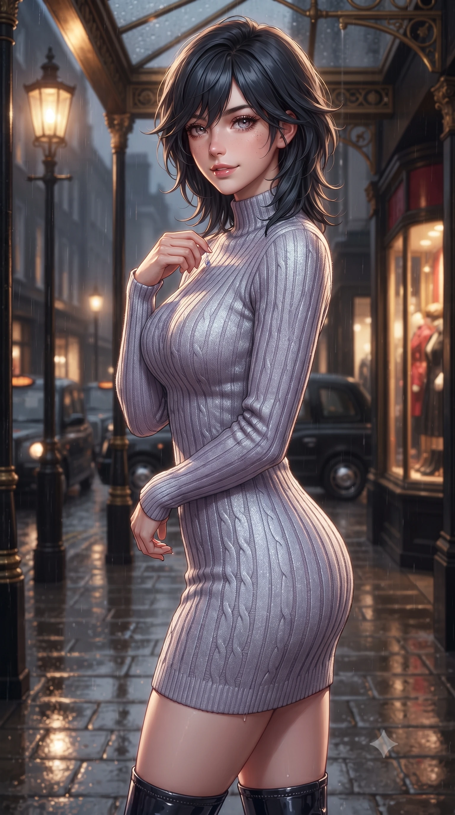 score_9, masterpiece, best quality, ultra-detailed, high-budget anime keyframe, editorial fashion photography, tasteful artistic composition, Caucasian woman. close-up cowboy shot from the waist and thighs up, the character dominates the composition, filling the frame with her large presence. turning in an alluring three-quarter profile with head tilted, her glossy parted lips and jewel-like eyes catching the warm light while sheltering under the brass-trimmed boutique portico, brushing a raindrop from her lapel with effortless sartorial elegance. The background shows a soft-focus glowing gas lanterns reflecting on wet cobblestones, classic black cabs driving past, and warm storefront displays blurred into amber, charcoal, and ruby bokeh. She has an exceptionally elegant, slender, and willowy female figure with an ultra-slim waist, flat toned midriff, narrow ribcage, and sculpted feminine hips creating an alluring, slim hourglass silhouette without bulk. sharp v-shaped jawline, high-bridge nose, intricate jewel-like sparkling eyes with depth, thick eyelashes, glossy parted lips with a natural peach sheen, bright cheerful beaming smile with an enchanting and coquettish sensual glint, exuding both youthful cute charm and seductive allure, flawlessly proportioned anatomical accuracy, strict slender model proportions, natural body alignment, perfectly sculpted long slender limbs, ultra-slim waistline, clean dynamic posture without body distortion. wearing a sculpted cable-ribbed cashmere bodycon sweater dress with long fitted sleeves and a snug mock-neck tracing her slender silhouette in frosted mountain lavender and shimmering ice silver, crafted from buttery-soft stretch lambskin leather adhering to her body like a second skin, complemented by sleek patent leather stiletto ankle boots accentuating her long slender calves, the second-skin tailored fabric adhering flawlessly to her sculpted flat midriff and slender torso, emphasizing her long leg lines and perfectly proportioned willowy build. illuminated by wet pavement specular reflections and crisp silver-amber rim lights accentuating her tall slender frame and cheekbones. ultra-reflective glossy finish, specular highlights, rich textural contrasts, high-contrast stereoscopic depth, volumetric dynamic lighting, 2k, ultra detail, master piece, 9:16 ratio