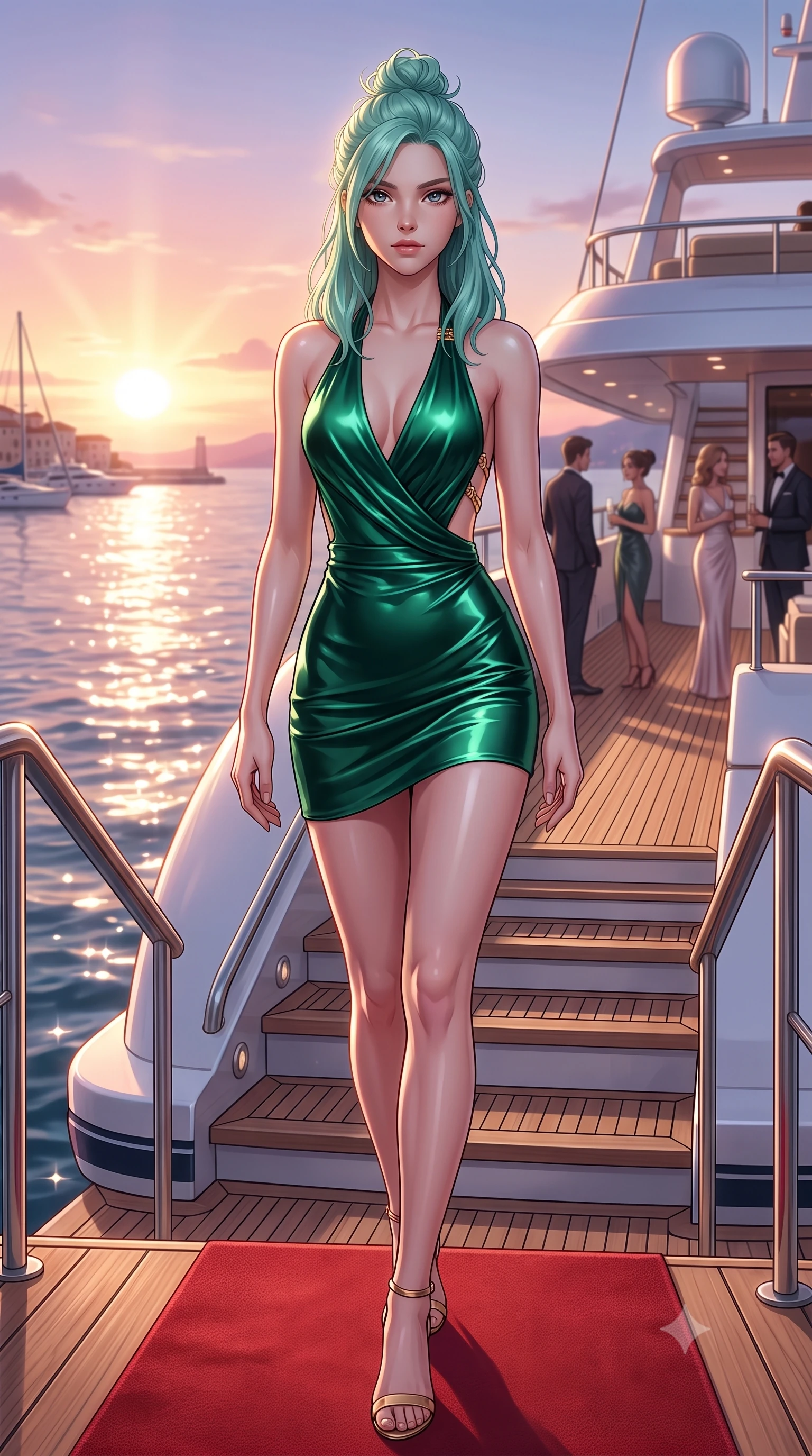 score_9, masterpiece, best quality, ultra-detailed, high-budget anime keyframe, semi-realistic 3D game render, editorial fashion photography, tasteful artistic composition, Japanese woman. low angle full-body shot from head to toe showing her feet, filling the entire 9:16 vertical frame with her statuesque presence, stretching her vertical silhouette. striding forward in a proud, statuesque motion with a dangerous smolder, her vertical silhouette dominating the frame from head to toe while stepping gracefully down the teak yacht stairway onto a red carpet runway under glowing twilight skies. The surrounding environment is rendered in vivid detail and crisp panoramic clarity. vibrant luxury maritime aesthetic and high-fashion European glamour in panoramic sharpness. She has an absolutely perfect, statuesque 8.5-heads proportion, an exceptionally tall and slender model-like female figure with impossibly long slender legs, a toned flat midriff, and an ultra-slim waist. sharp v-shaped jawline, high-bridge nose, intricate jewel-like eyes with depth, thick eyelashes, glossy lips with a natural sheen, flawlessly proportioned anatomical accuracy, strict slender model proportions, natural body alignment, perfectly sculpted long slender limbs, ultra-slim waistline, clean dynamic posture without body distortion. wearing a form-contouring liquid satin halter-neck mini dress with a deep crossover cowl front, open back, and ultra-slender waist drape in bright emerald green satin and gold hardware, formed from high-gloss patent material with specular light reflections, complemented by criss-cross back straps highlighting her completely bare spine, the glove-like aerodynamic second-skin fit tightly clinging to her ultra-slender waist and athletic curves without adding bulk, accentuating her razor-sharp statuesque lines and slim hourglass silhouette. bathed in warm rose-gold sunset sunbeams and sparkling ocean surface reflections. highly saturated vibrant anime colors, detailed shading with soft gradients, rich glossy textures, high-contrast stereoscopic depth, volumetric dynamic lighting, master piece, 9:16 ratio