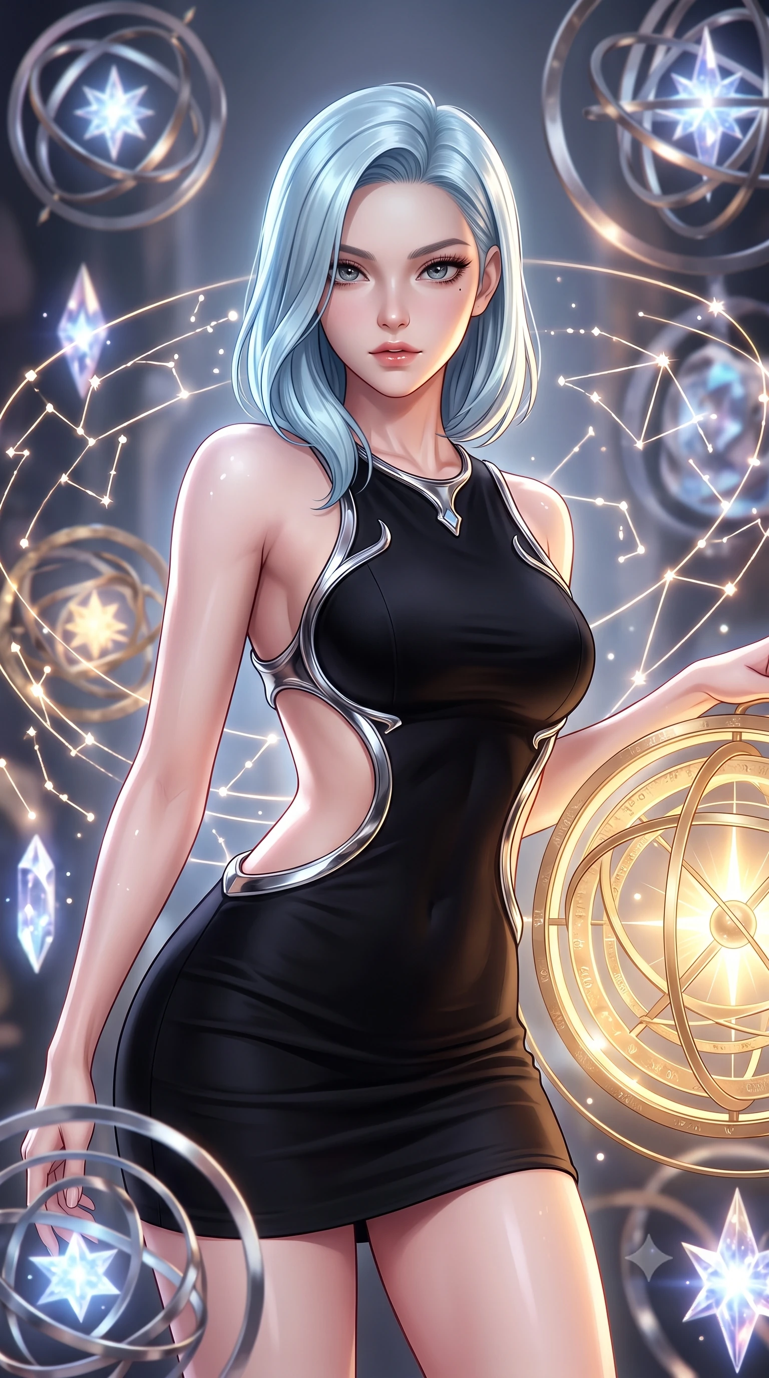 score_9, masterpiece, best quality, ultra-detailed, high-budget anime keyframe, editorial fashion photography, tasteful artistic composition, Korean woman. close-up cowboy shot from the waist and thighs up, the character dominates the composition, filling the frame with her large presence, background elements kept in soft focus. Leaning slightly forward with a composed, seductive gaze under soft glowing light surrounded by floating armillary spheres and glowing starlight crystals, glowing constellation lines tracing intricate patterns nearby. She has an exceptionally elegant, slender, and willowy female figure with an ultra-slim waist, a gracefully sculpted slender torso, and a refined silhouette. sharp v-shaped jawline, high-bridge nose, intricate jewel-like eyes with depth, thick eyelashes, glossy lips with a natural sheen. wearing a dramatic open-waist cutout mini dress in matte black framed by sculptural chrome hardware, the tailored fabric tightly following every curve of her athletic build. illuminated by brilliant starlight and warm golden inner glow from the astrolabe. highly saturated vibrant anime colors, detailed shading with soft gradients, rich glossy textures, high-contrast stereoscopic depth, volumetric dynamic lighting, master piece, 9:16 ratio