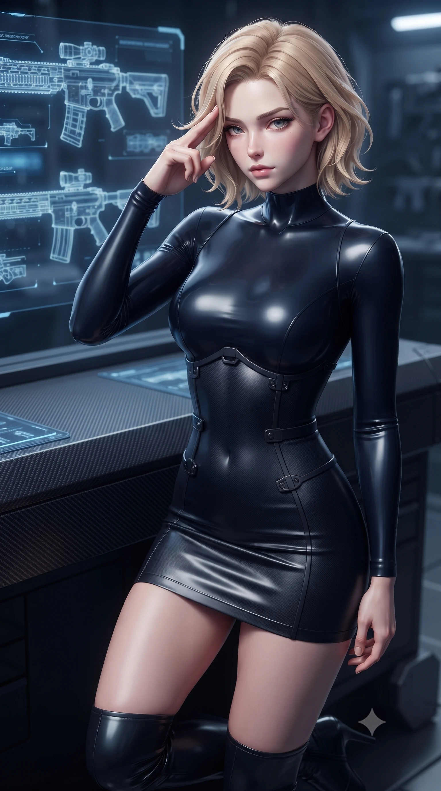 score_9, masterpiece, best quality, ultra-detailed, high-budget anime keyframe, editorial fashion photography, tasteful artistic composition, Caucasian woman. close-up cowboy shot from the waist and thighs up, the character dominates the composition, filling the frame with her large presence, background elements kept in soft focus. Pressing two fingers to her temple in a composed, sharp thoughtful gesture, resting near a dark carbon-fiber console as holographic weapon schematics float by, dark titanium and carbon-fiber textures absorbing background light. She has an exceptionally elegant, slender, and willowy female figure with an ultra-slim waist, a gracefully sculpted slender torso, and a refined silhouette. sharp v-shaped jawline, high-bridge nose, intricate jewel-like eyes with depth, thick eyelashes, glossy lips with a natural sheen. wearing glove-like fit dark navy latex bodycon mini dress in pitch-black onyx, made of matte carbon-fiber weave, adorned with minimalist black onyx hardware framing the silhouette, following her slender form with tailored precision. lit by intense key ray emerging from deep armoury shadows. highly saturated vibrant anime colors, detailed shading with soft gradients, rich glossy textures, high-contrast stereoscopic depth, volumetric dynamic lighting, master piece, 9:16 ratio