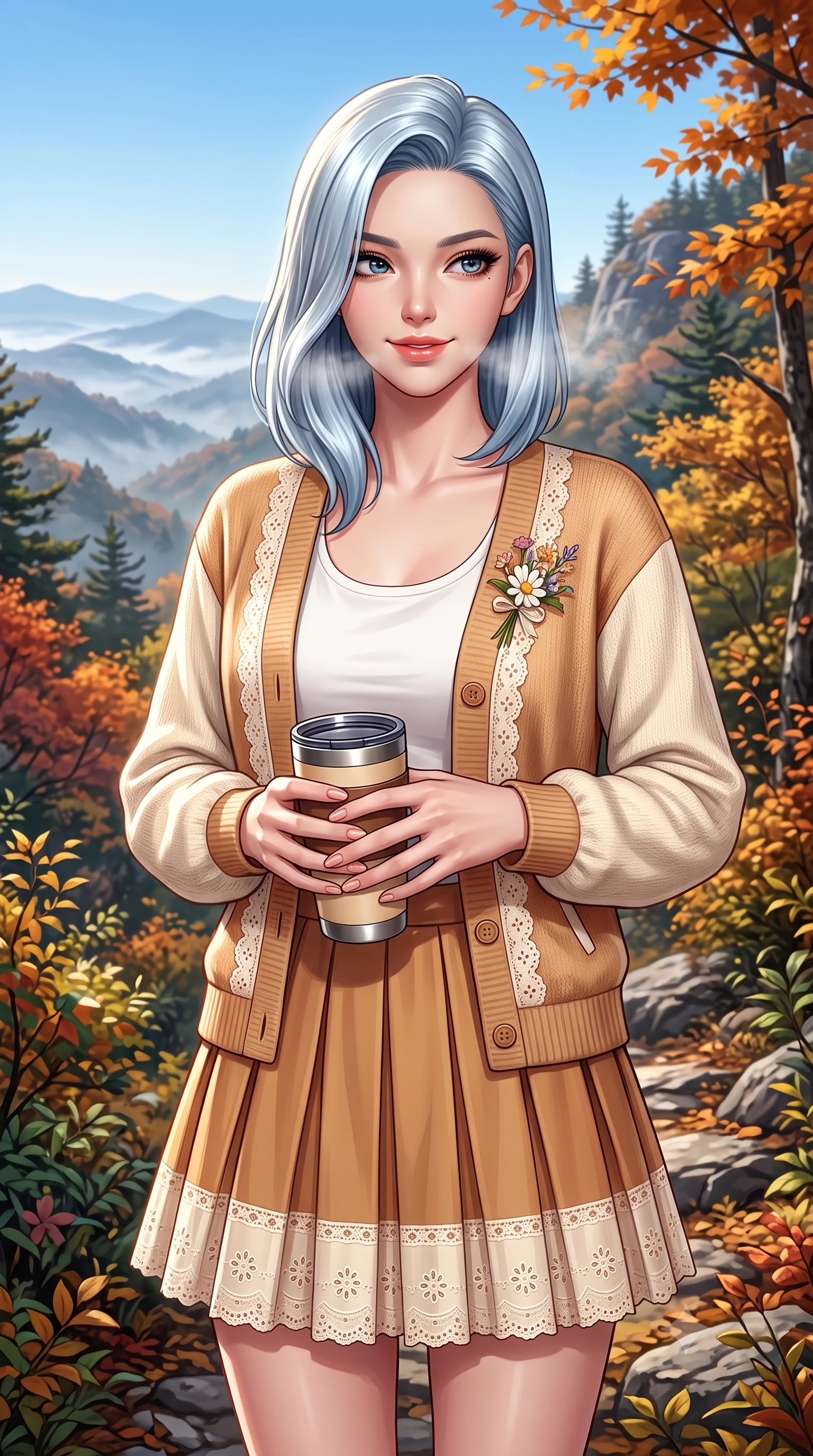 score_9, masterpiece, best quality, ultra-detailed, high-budget anime keyframe, semi-realistic 3D game render, editorial fashion photography, tasteful artistic composition, Korean woman. close-up cowboy shot from the waist and thighs up, the character dominates the composition, filling the frame with her large presence. resting one hand lightly on her waist while casting a charming, captivating side-gaze with thick eyelashes while holding a warm insulated tumbler with both hands, soft breath misting lightly in the crisp mountain air with a sweet smile. The surrounding environment is rendered in vivid detail and crisp panoramic clarity. vibrant autumn forest gradients, distant misty mountain ridges, and clear blue autumn skies in high clarity. She has an exceptionally elegant, slender, and willowy female figure with an ultra-slim waist, a gracefully sculpted slender torso, toned flat midriff, and a refined slim silhouette. sharp v-shaped jawline, high-bridge nose, intricate jewel-like eyes with depth, thick eyelashes, glossy lips with a natural sheen, pure and lovely fresh girlhood expression, flawlessly proportioned anatomical accuracy, strict slender model proportions, natural body alignment, perfectly sculpted long slender limbs, ultra-slim waistline, clean dynamic posture without body distortion. wearing a chic pastel varsity cardigan over a simple white scoop-neck tee and a pleated mini skirt in warm caramel and cream vanilla, woven with delicate eyelet lace and breathable cotton voile, complemented by a delicate wildflower corsage pinned to the lapel, the soft airy drape swaying gracefully with her dynamic movements, emphasizing her tall willowy build and slim waistline. illuminated by crisp directional sunbeams accentuating her slender waistline and cozy layered outfit. highly saturated vibrant anime colors, detailed shading with soft gradients, rich glossy textures, high-contrast stereoscopic depth, volumetric dynamic lighting, master piece, 9:16 ratio