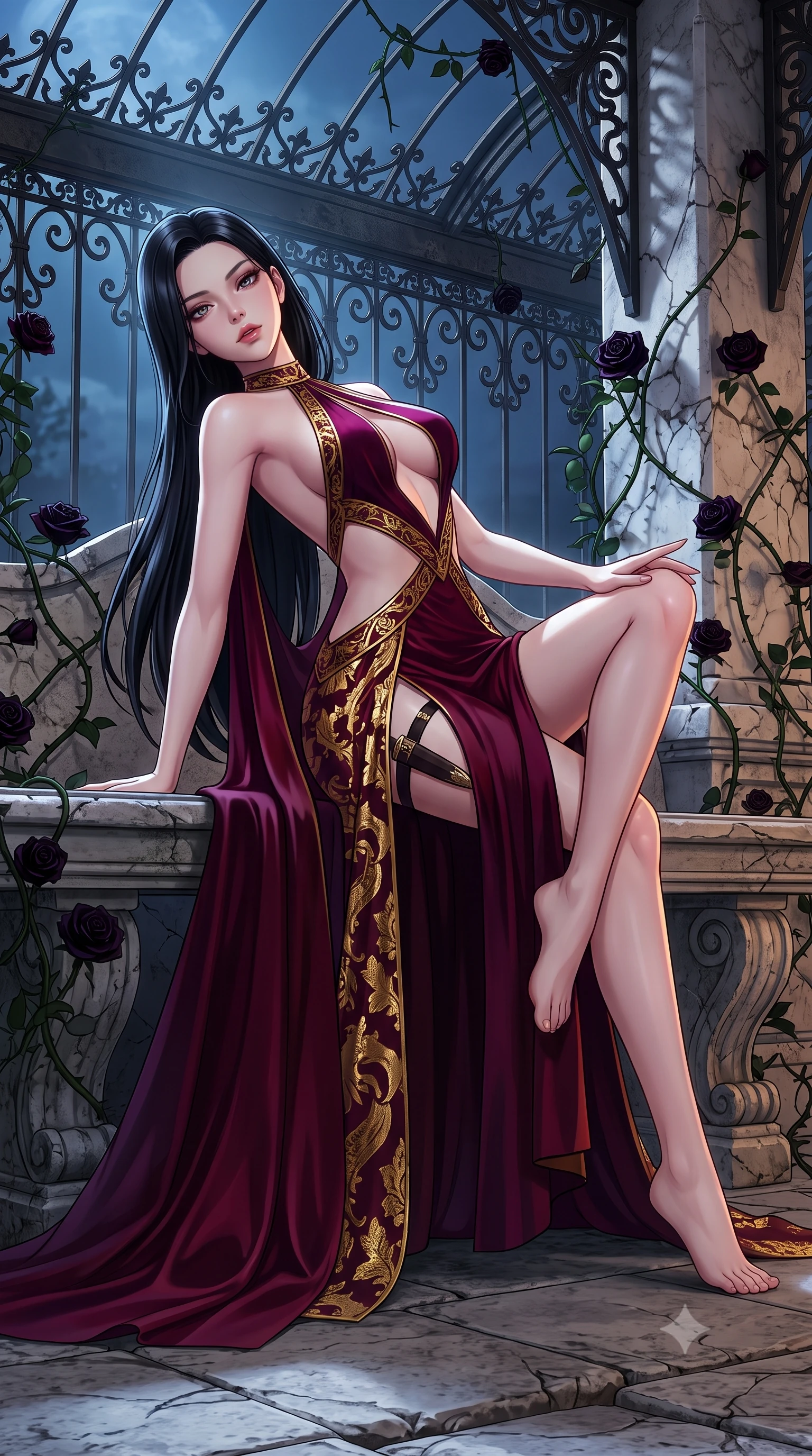 score_9, masterpiece, best quality, ultra-detailed, high-budget anime keyframe, semi-realistic 3D game render, editorial fashion photography, tasteful artistic composition, Korean woman. low angle full-body shot from head to toe showing her feet, filling the entire 9:16 vertical frame with her statuesque presence, stretching her vertical silhouette. reclining back languidly with one knee bent and spine arched in a breathtaking dancer line, commanding the entire 9:16 vertical frame while reclining languidly on an antique stone bench in a moonlit glasshouse orangerie as thorny black rose vines climb the iron rafters. The surrounding environment is rendered in vivid detail and crisp panoramic clarity. intricate wrought-iron filigree, velvet rose petal textures, and cracked marble masonry in sharp focus. She has an absolutely perfect, statuesque 8.5-heads proportion, an exceptionally tall and slender model-like female figure with impossibly long slender legs, a toned flat midriff, and an ultra-slim waist. sharp v-shaped jawline, high-bridge nose, intricate jewel-like eyes with depth, thick eyelashes, glossy parted lips with a natural sheen, intensely captivating and seductive expression, flawlessly proportioned anatomical accuracy, strict slender model proportions, natural body alignment, perfectly sculpted long slender limbs, ultra-slim waistline, clean dynamic posture without body distortion. wearing a gothic siren halter-neck dress with dramatic diagonal torso cutouts and a trailing floor-length silk cape in deep royal wine burgundy and liquid gold, made of rich textured jacquard silk with baroque gold thread, equipped with a concealed dagger sheath garter under her slit skirt, the dramatically scooped open back descending to the base of her spine, accentuating her razor-sharp statuesque lines and slim hourglass silhouette. illuminated by dramatic chiaroscuro key light sharply carving her slender waist, bare collarbones, and jawline. highly saturated vibrant anime colors, detailed shading with soft gradients, rich glossy textures, high-contrast stereoscopic depth, volumetric dynamic lighting, master piece, 9:16 ratio