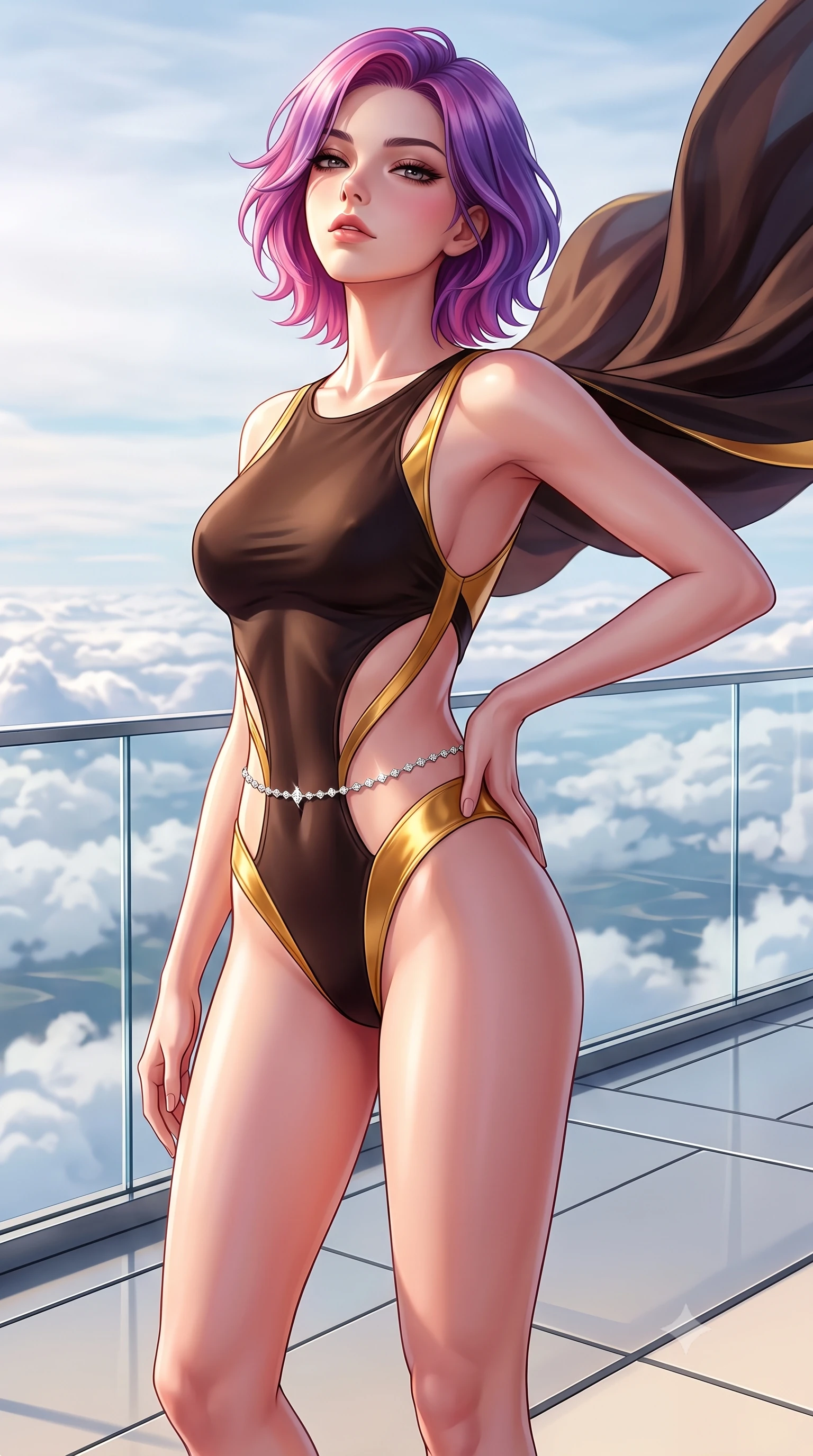 score_9, masterpiece, best quality, ultra-detailed, high-budget anime keyframe, semi-realistic 3D game render, editorial fashion photography, tasteful artistic composition, Caucasian woman. close-up cowboy shot from the waist and thighs up, the character dominates the composition, filling the frame with her large presence. tilting her chin up with proud, sovereign allure while gazing through thick eyelashes, one hand resting on her waist in pure supermodel charisma while standing poised on the high-altitude sun deck, twisting her slender torso in an alluring S-curve as stratospheric trade winds flutter her sweeping cape. The surrounding environment is rendered in vivid detail and crisp panoramic clarity. sharp titanium deck seams, scratchless glass balustrade clarity, and stratospheric cloud texture in deep focus. She has an exceptionally elegant, slender, and willowy female figure with an ultra-slim waist, flat toned midriff, narrow ribcage, and sculpted feminine hips creating an alluring, slim hourglass silhouette without bulk. sharp v-shaped jawline, high-bridge nose, intricate jewel-like eyes with depth, thick eyelashes, glossy parted lips with a natural sheen, intensely captivating and seductive bedroom-eyes expression, flawlessly proportioned anatomical accuracy, strict slender model proportions, natural body alignment, perfectly sculpted long slender limbs, ultra-slim waistline, clean dynamic posture without body distortion. wearing a botanical cutout monokini with organic leaf-curve side openings and high-cut hip bands in dark espresso brown and molten gold foil, tailored from liquid silk jersey adhering flawlessly to her slender build, accented with a dainty diamond waist chain catching the ambient light reflections, the precision-cut side openings and low-back scoop framing her graceful spine and the sensual sweep of her slim, toned hips. illuminated by warm white composite floor bounce fill sharply sculpting her razor-sharp jawline, narrow waist, and curvy hips. highly saturated vibrant anime colors, detailed shading with soft gradients, rich glossy textures, high-contrast stereoscopic depth, volumetric dynamic lighting, master piece, 9:16 ratio